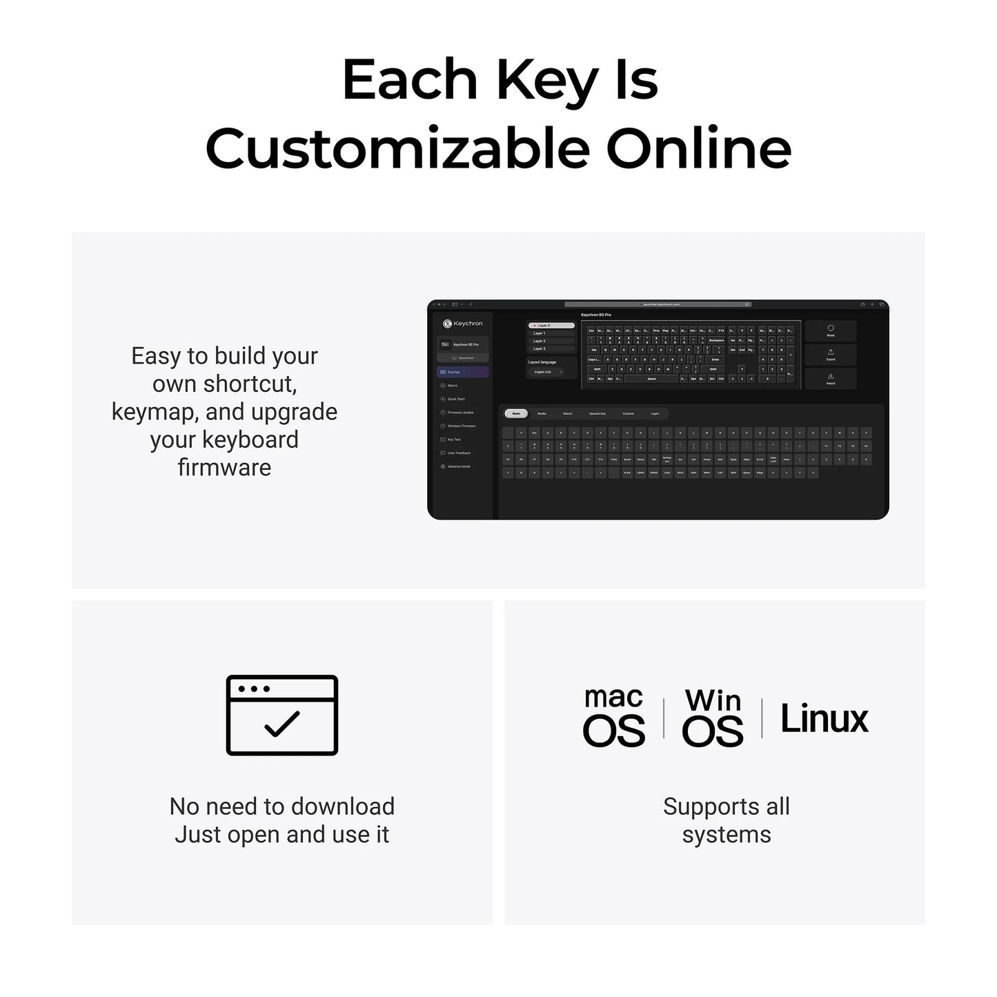 Keychron b5 pro-k1 toetsenbord (grijs, us lay-out (qwerty), scissor switches, 100%, abs keycaps, 2.4 ghz bluetooth usb)