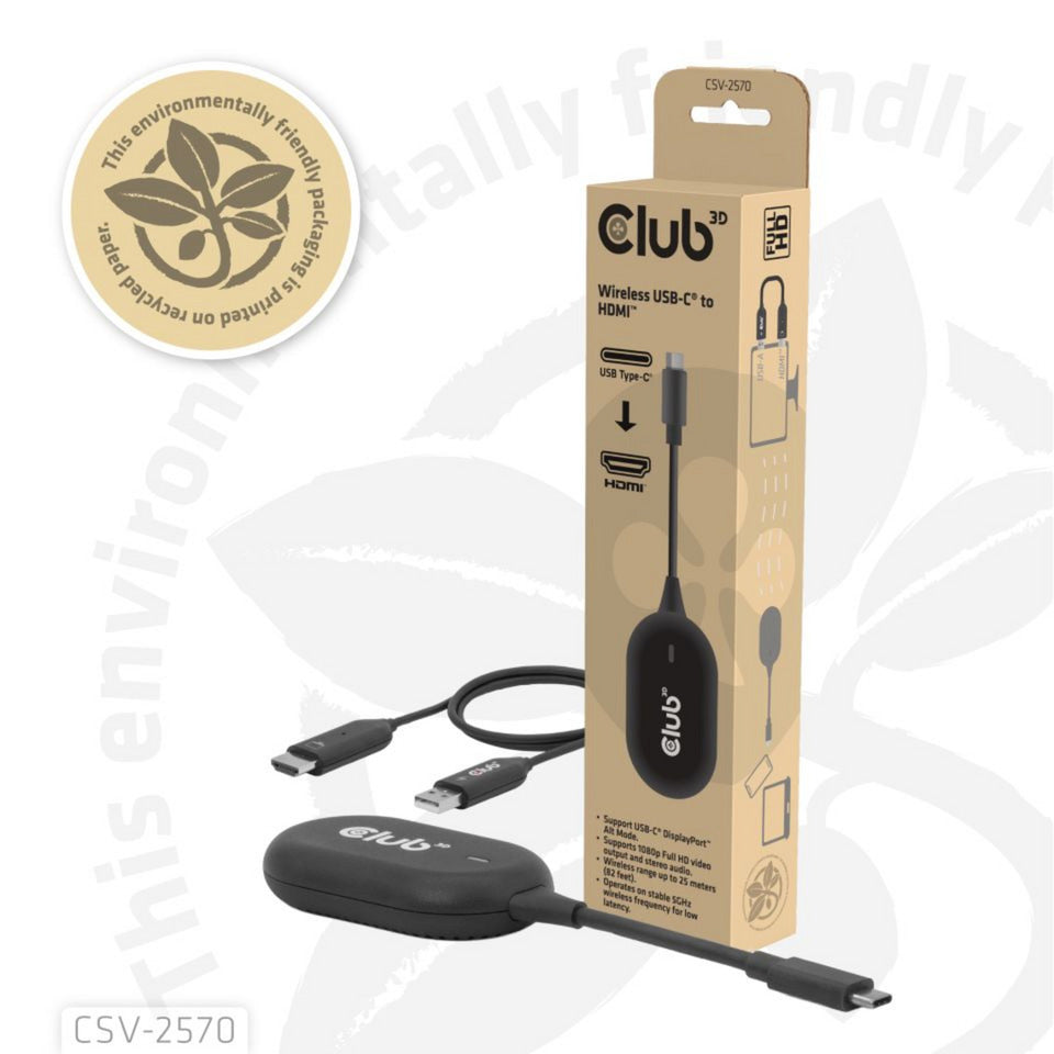 Club 3D wireless usb-c to hdmi transmitter and receiver adapter (zwart)