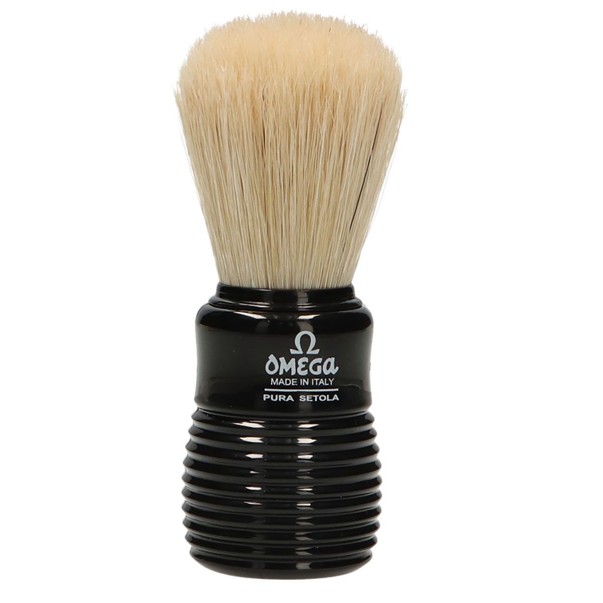 Omega scheerkwast varkenshaar zwart geribbeld handvat + standaard 10,5cm
