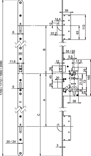 Nemef 5060 veiligheidsmeerpuntssluiting | krukbediend | skg*** | dm65mm | pc72mm | voorplaat staal verzinkt 20x1700mm afgerond| dr 1+3 2+4 - a000326385