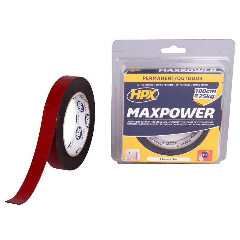 HPX Producten dubbelzijdig plakband max power outdoor zwart 19mm x 5m