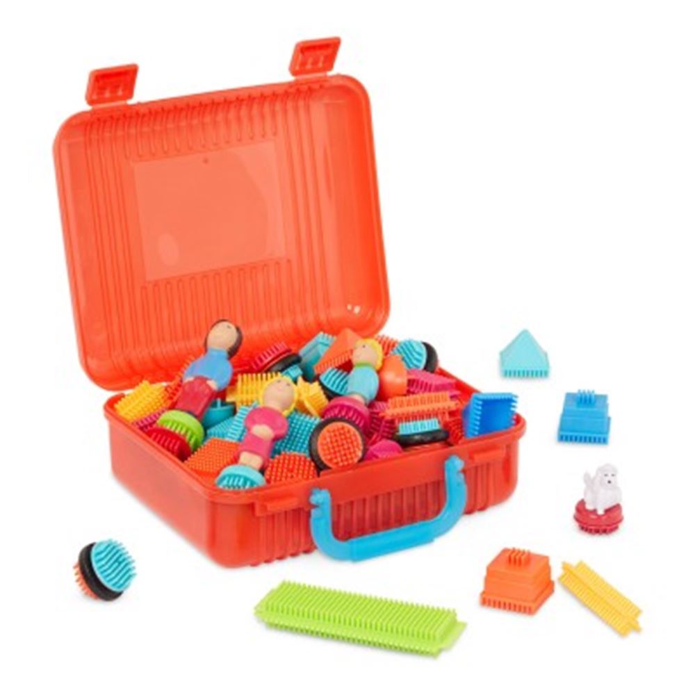 Bristle Blocks koffer met familie figuren en huisdier met 85 stuks