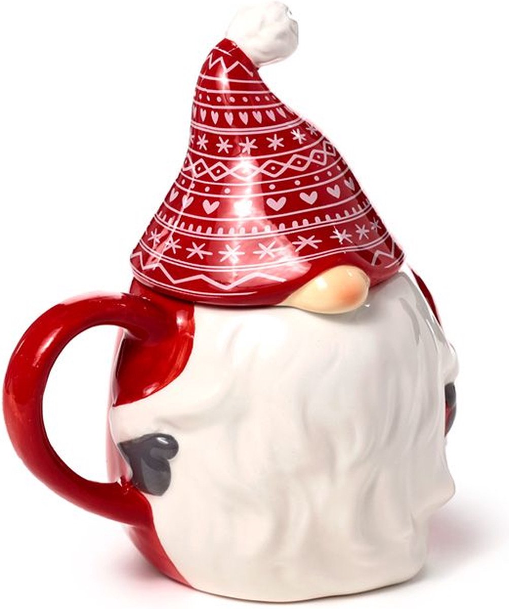 Puckator Beker mok met deksel - scandi kerst gnoom kabouter gevormd - rood wit - keramiek - 500ml