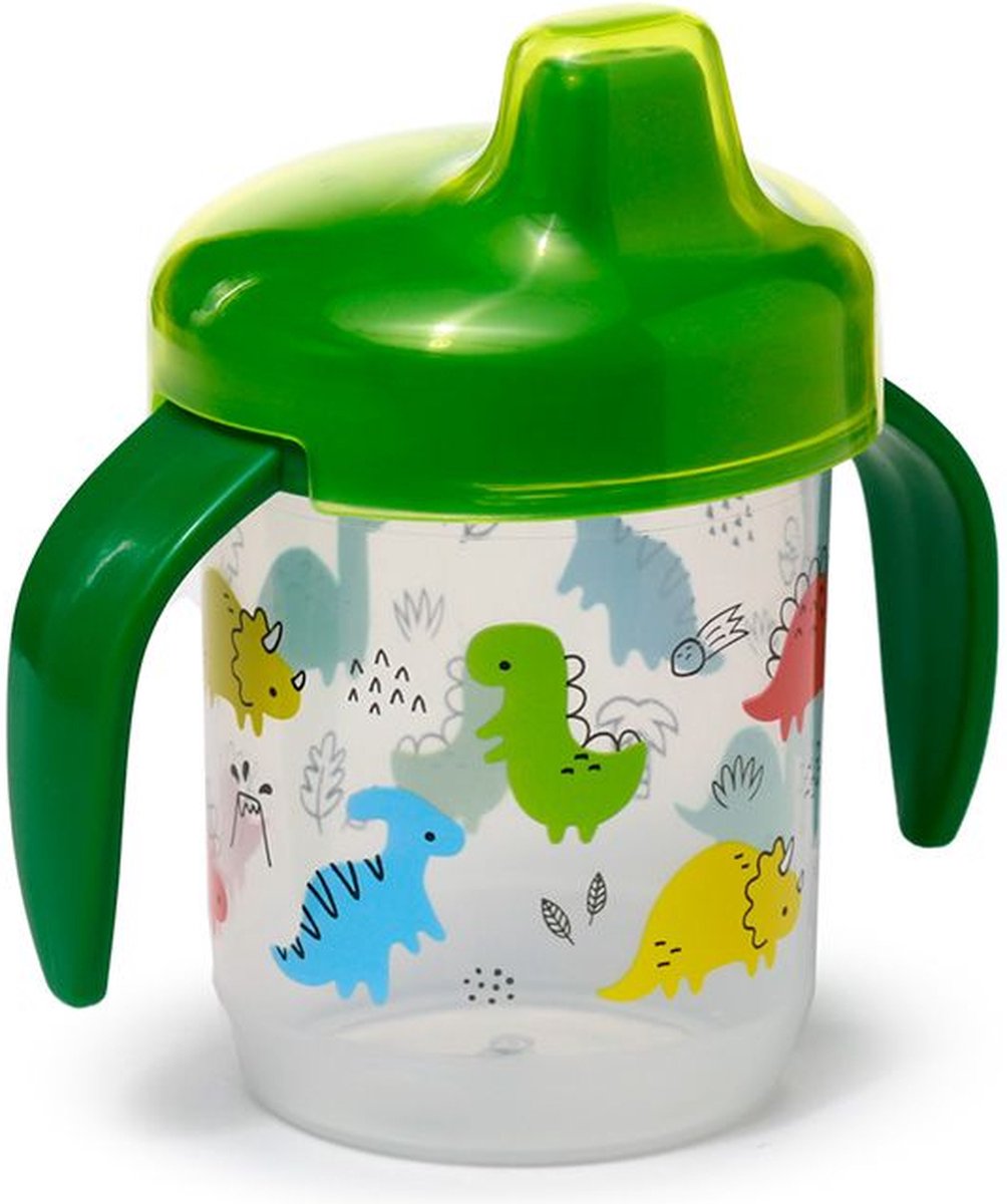 Puckator Tuitbeker kind 6m+ - dinosauria junior breukbestendig - deksel handvatten - groen - dinosaurussen cartoon - 11x12.5x7.5cm