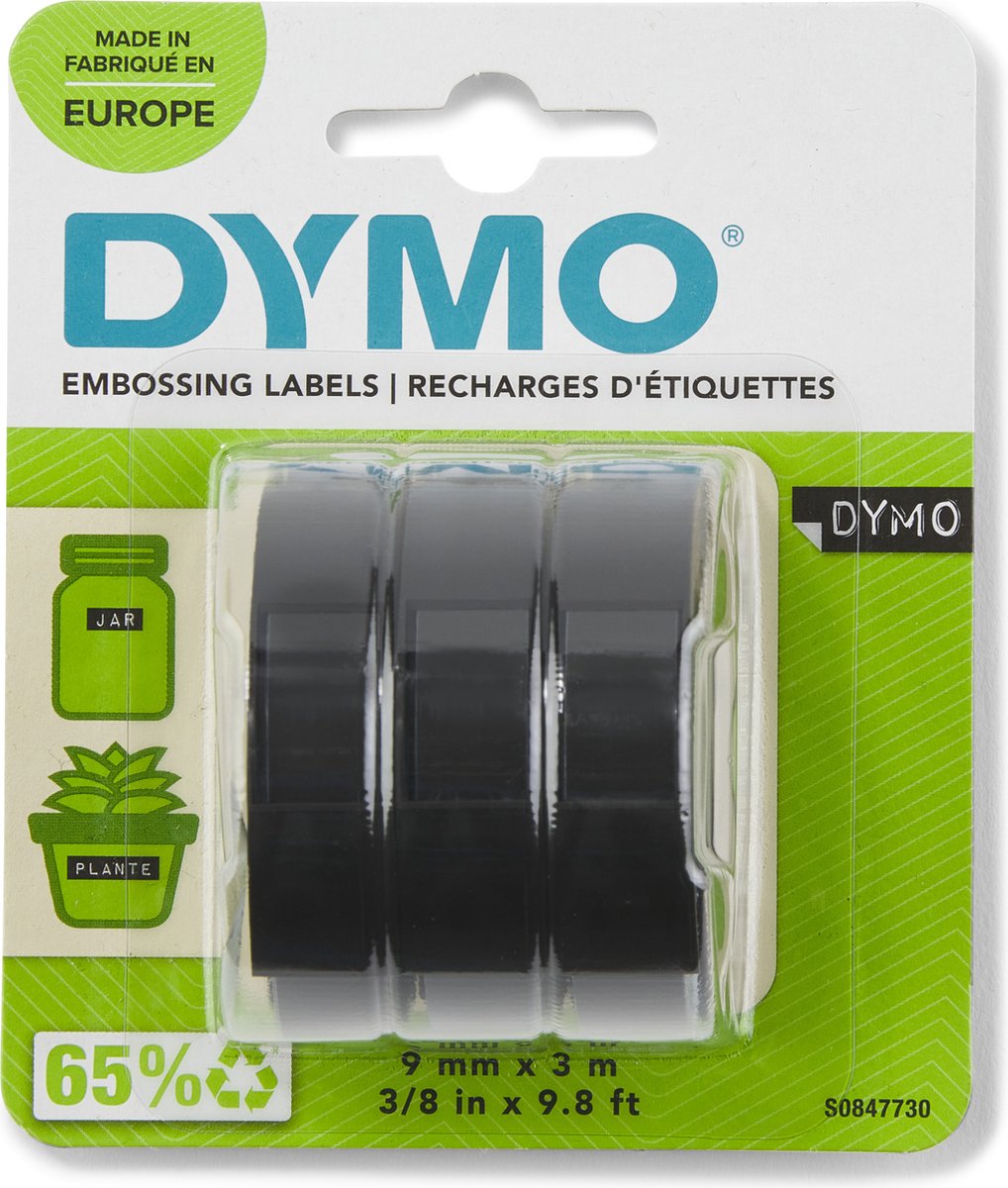 DYMO originele labeltape met reliëf | rollen van 9 mm x 3 m | wit op zwart | zelfklevend | voor labelmakers voor reliëfdruk | 3 stuks