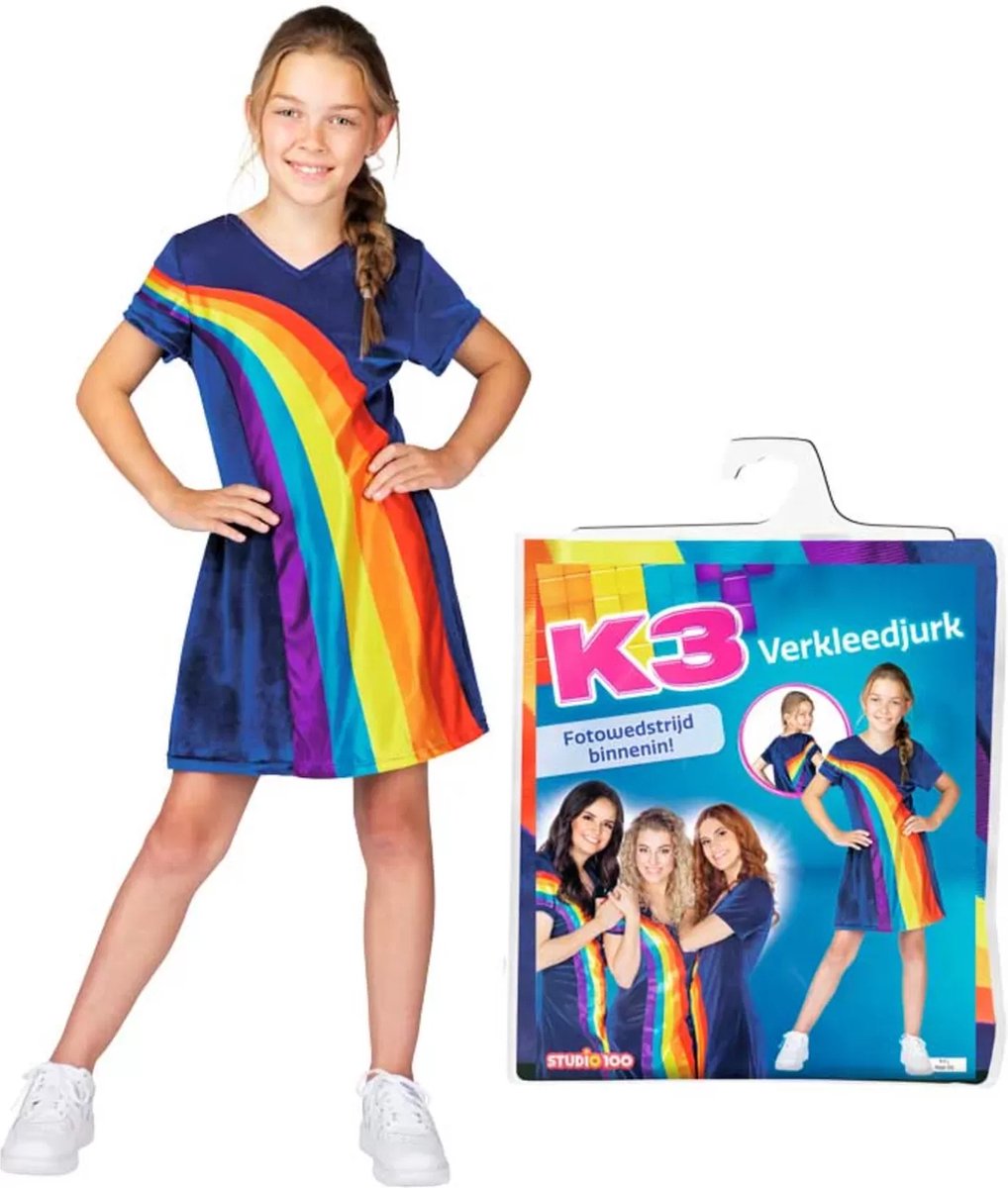 K3 - verkleedkleding - regenboogjurkje blauw - beschikbaar in 3 verschillende maten - 9 11 jaar - maat 152