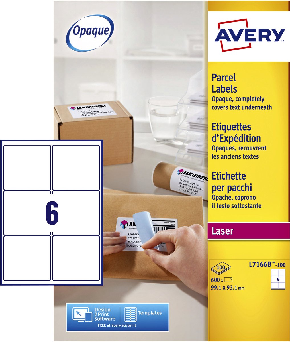 Verzendetiket Avery Block-out - 99 - 1 x 93 - 1mm wit doos 100 vel - 6 etiketten per vel