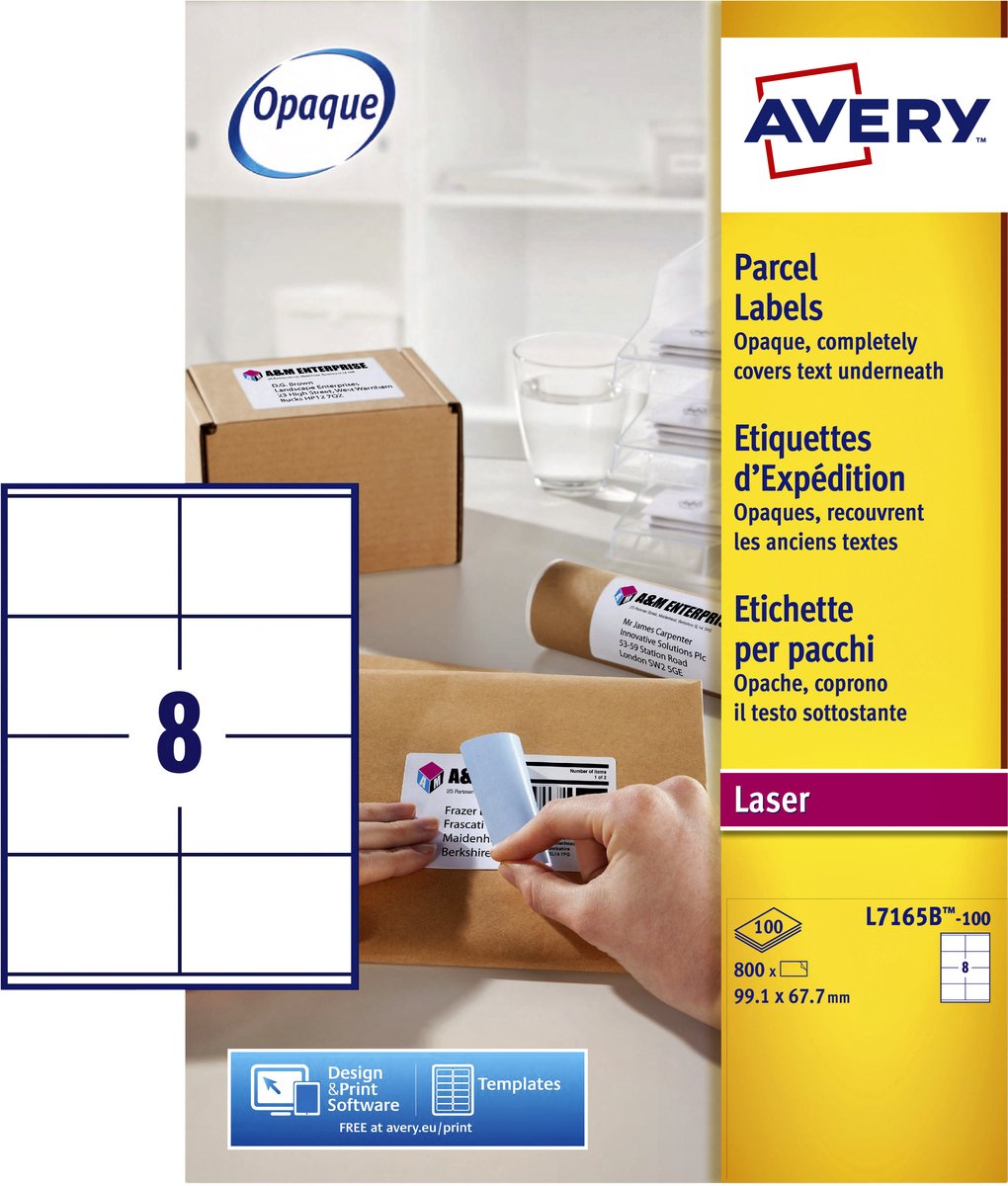 Verzendetiket Avery Block-out - 99 - 1 x 67 - 7mm wit doos 100 vel - 8 etiketten per vel