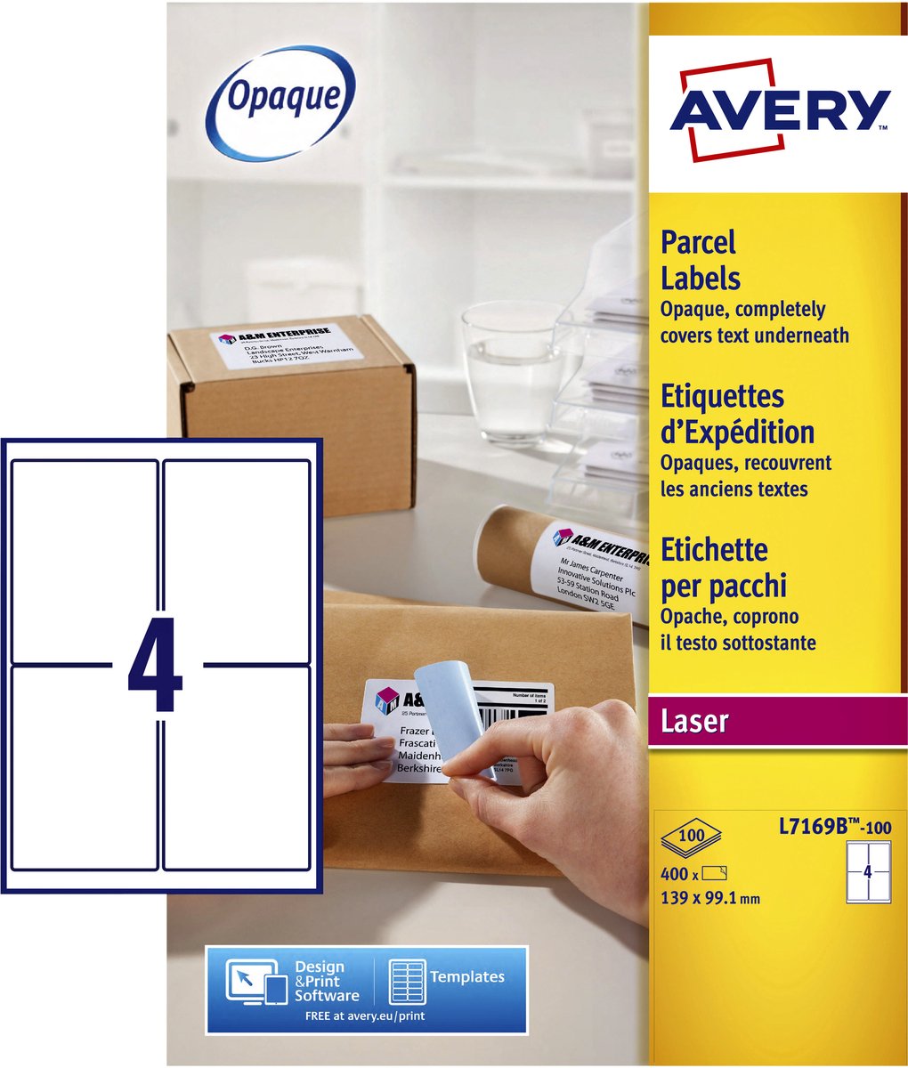 Verzendetiket Avery Block-out - 99 - 1 x 139mm wit doos 100 vel - 4 etiketten per vel