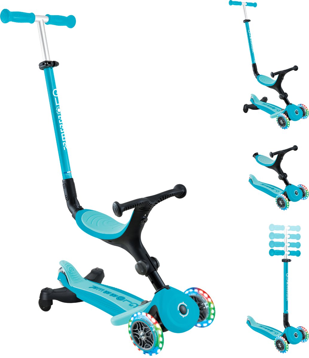 Globber Meegroeistep - go up active lights aqua 360 - blauw - lichtgevende wielen - met duwstang - in hoogte verstelbaar - vanaf 15 maanden tot 9 jaar