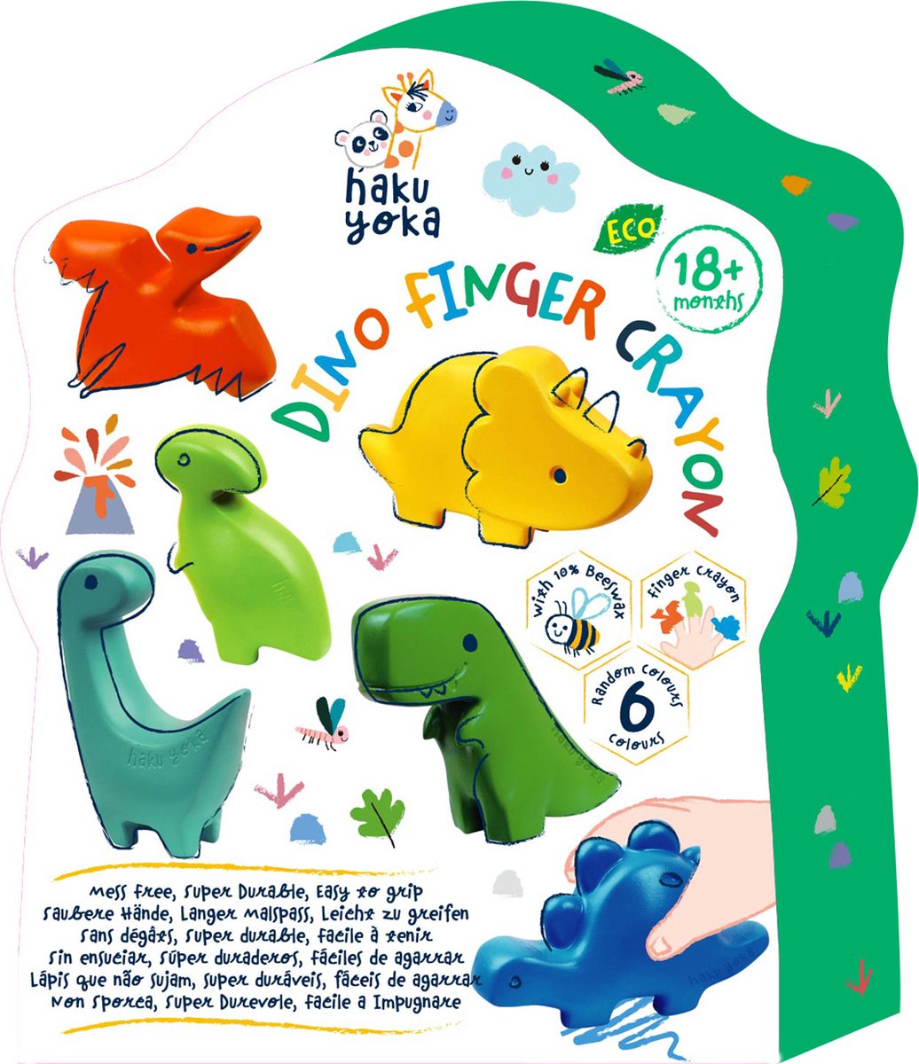 Haku Yoka waskrijtjes dino - 6 stuks - bevat 10% bijenwas - vingerpopjes - 18 maanden