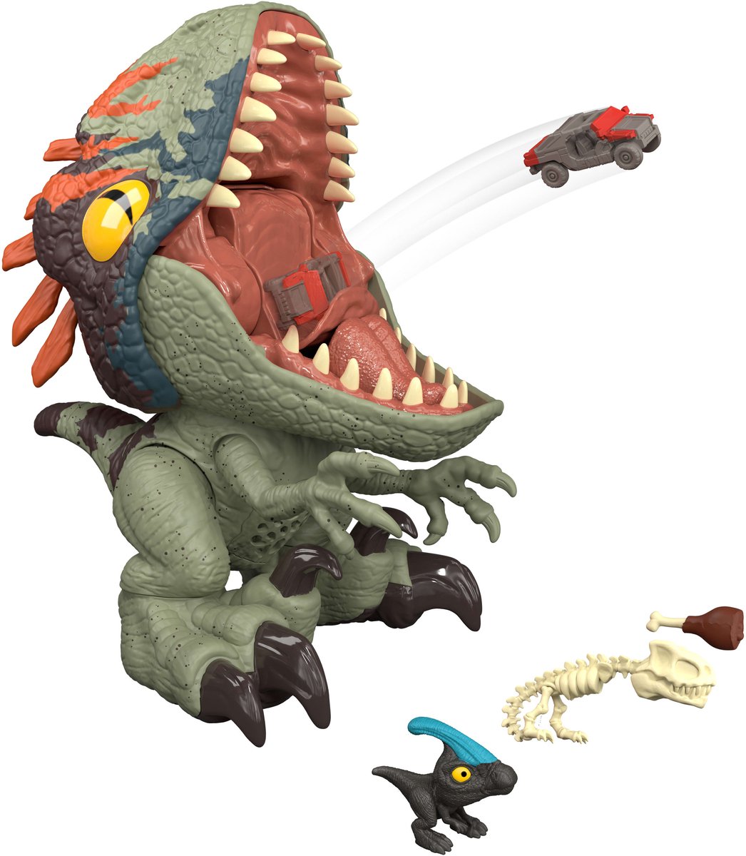 Mattel Jurassic world fierce feeder velociraptor - dinosaurus met interactieve functie voor inslikken en uitspugen