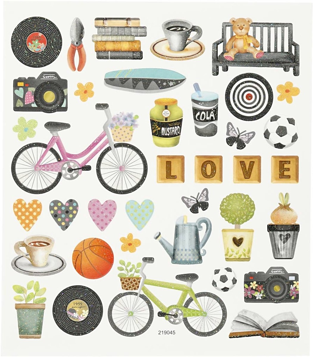 Creativ Company Stickers vrije tijd - stickervel met fiets, bloemetjes koffie - zelfklevende stickers voor scrapbooking, bullet journal kaarten - 15x16,5 cm - 1 vel