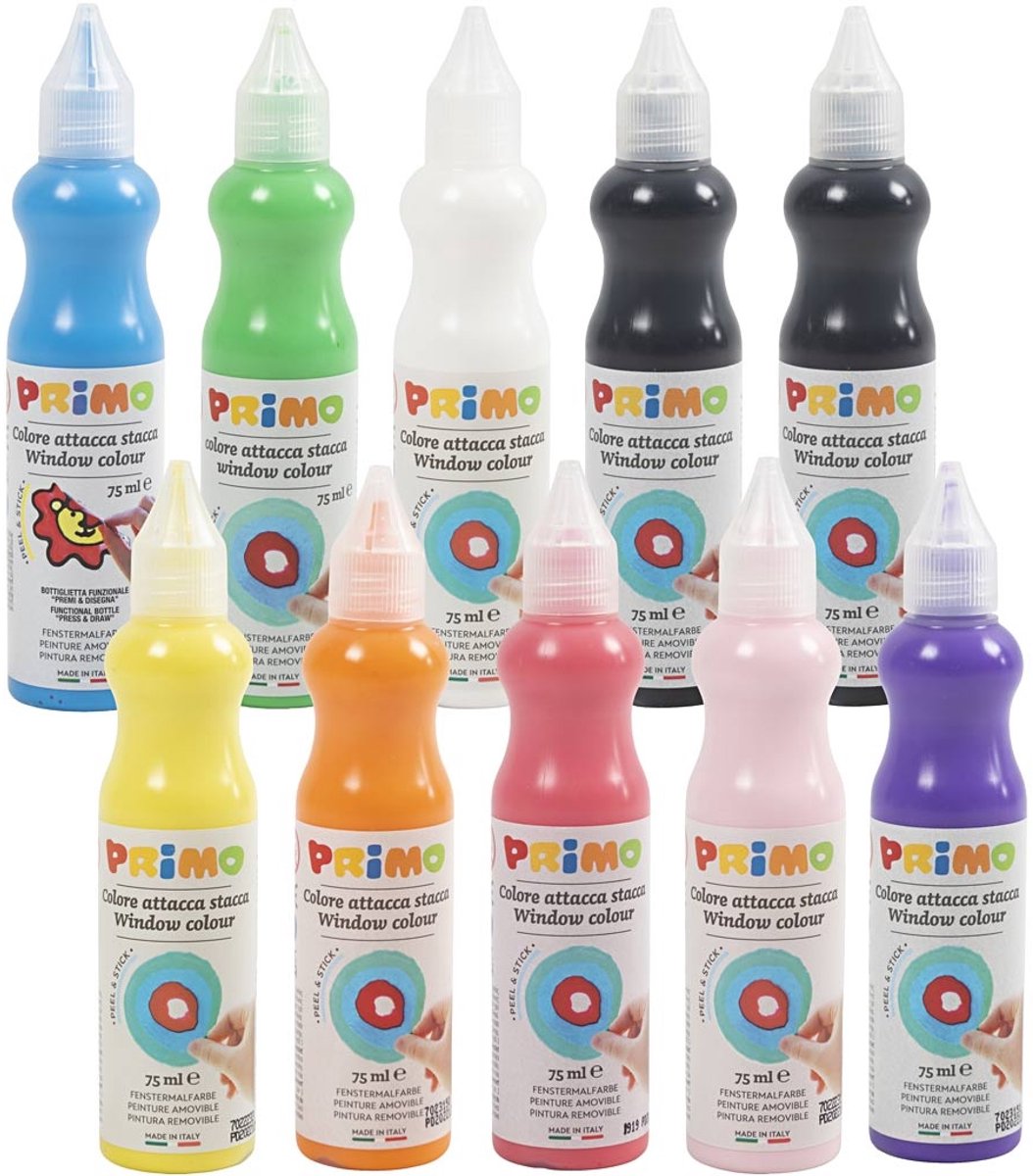 PRIMO Raamverf - verf voor ramen - raamdecoratie - verf op waterbasis - kinderen verf -verschillende kleuren - creatieve verf - 10 verf tubes - 75ml per tube