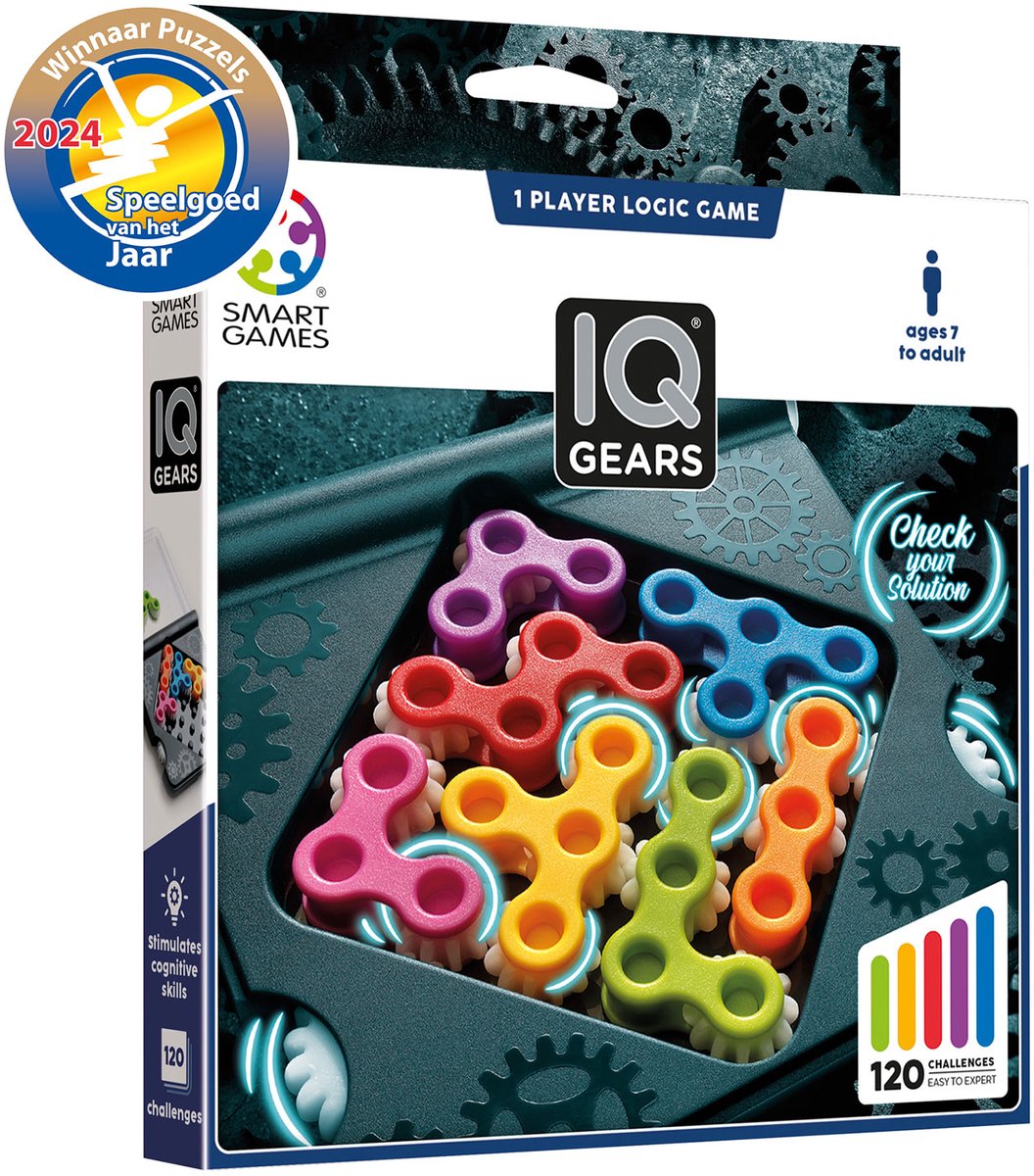 SmartGames iq gears - logisch denkspel reispuzzel - 120 opdrachten met draaiende tandwielen - educatief solospel - vanaf 7 jaar