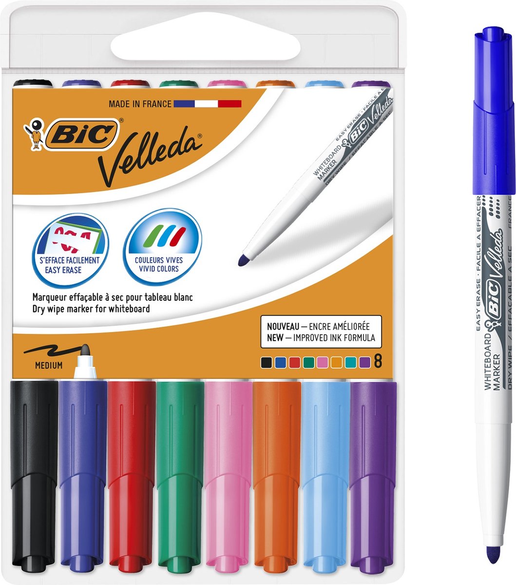 BIC velleda whiteboard markers met etui - diverse kleuren - 8 stuks