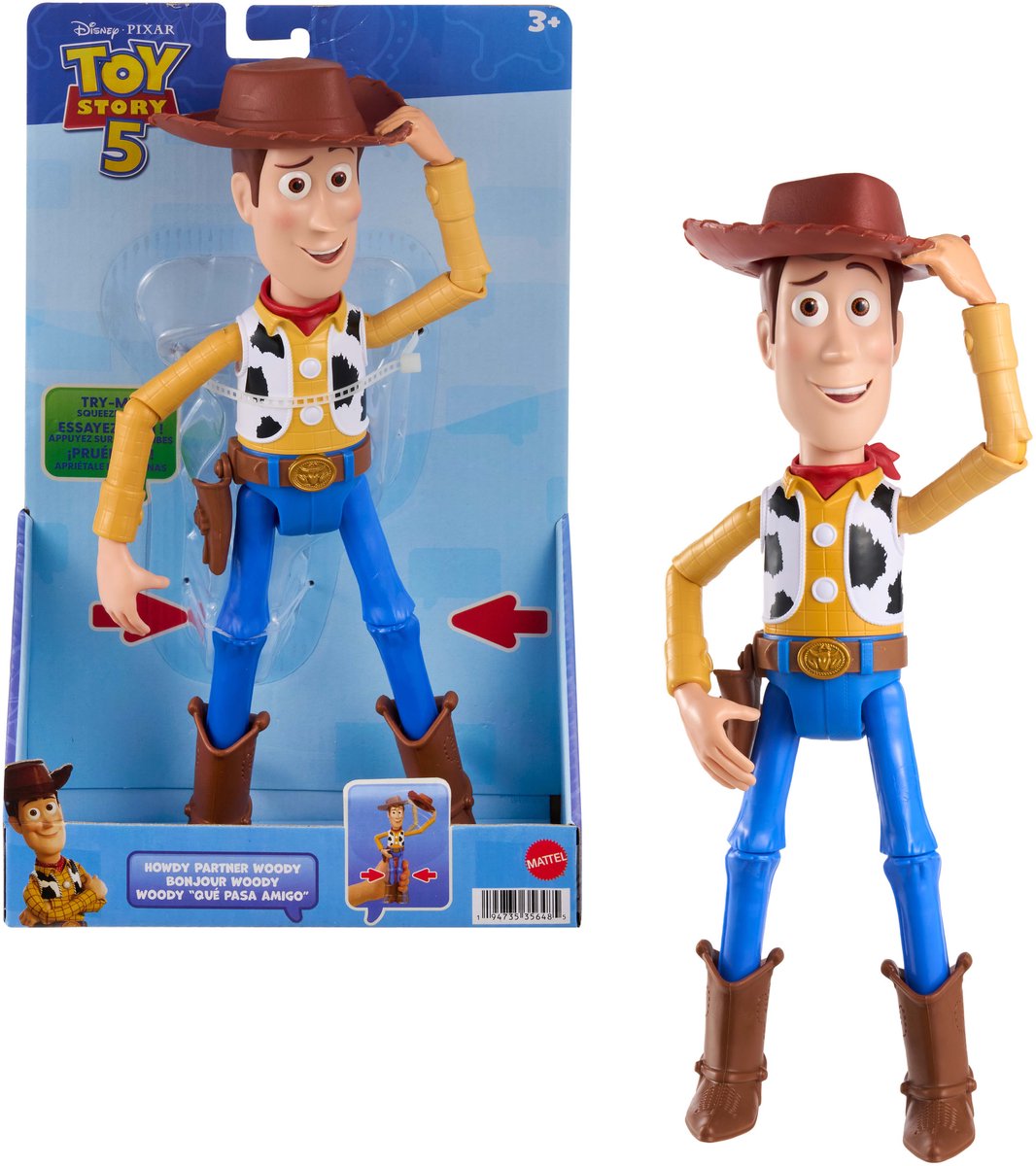 Mattel Disney en pixar toy story 5 grote howdy partner woody figuur van 30 cm - beweegbaar speelgoed - kantelbare hoed