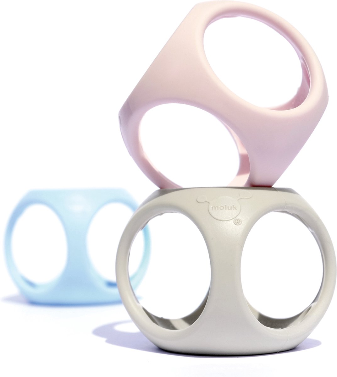Moluk Oibo set pastel kleuren, set van 3 soft-grip baby ballen in verschillende kleuren, in siliconen rubber, in doos 8.3x8.3x19.2cm, 0+