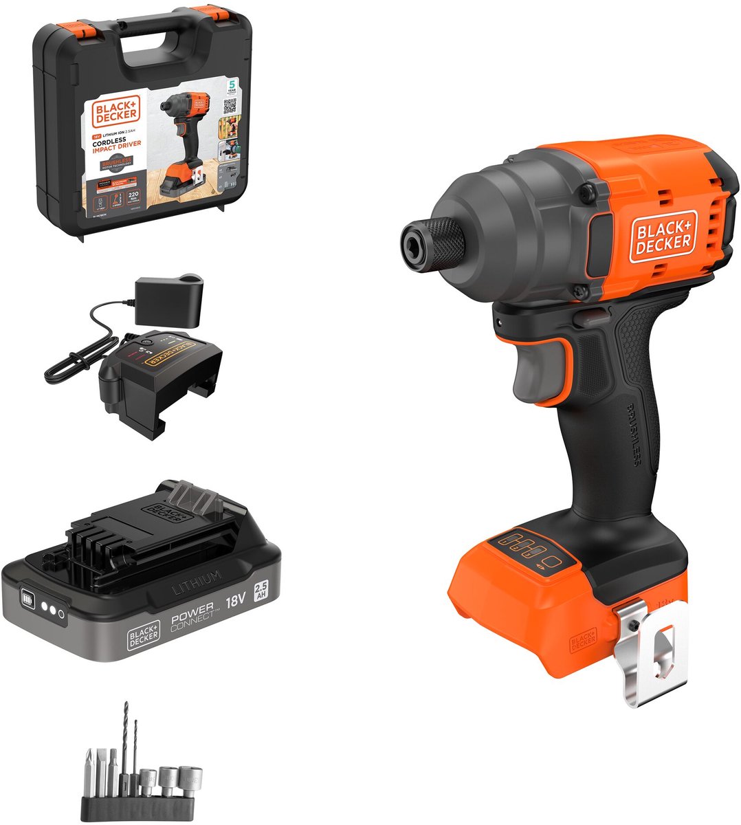BLACK+DECKER 18v brushless slagschroevendraaier met bits in koffer inclusief 2.5ah accu en lader - blim78e1k-qw