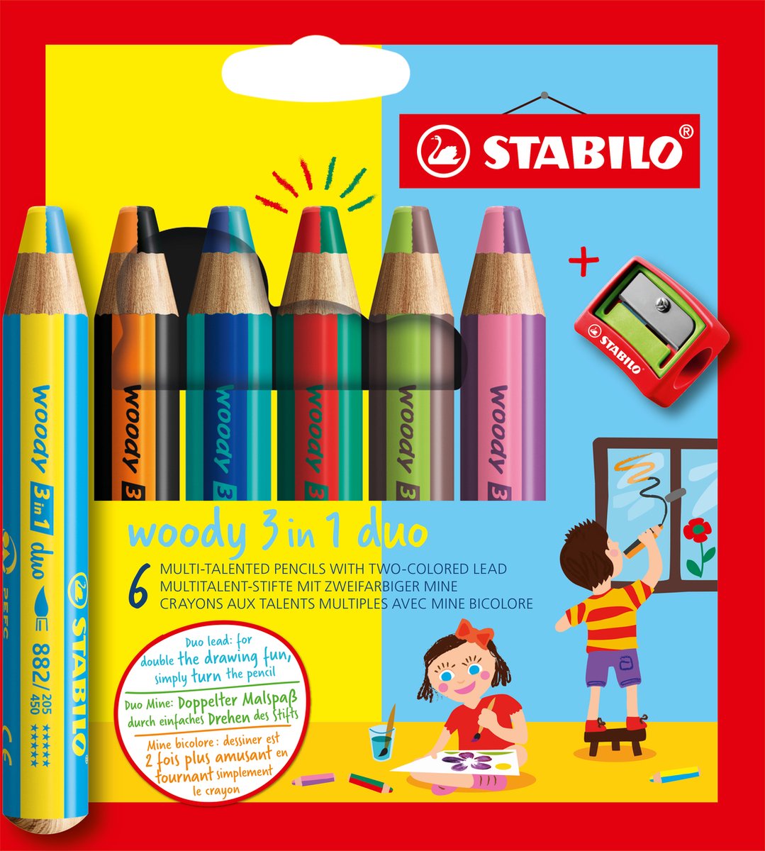 STABILO woody 3 in 1 duo - multi talent kleurpotloden - etui met 6 kleuren puntenslijper