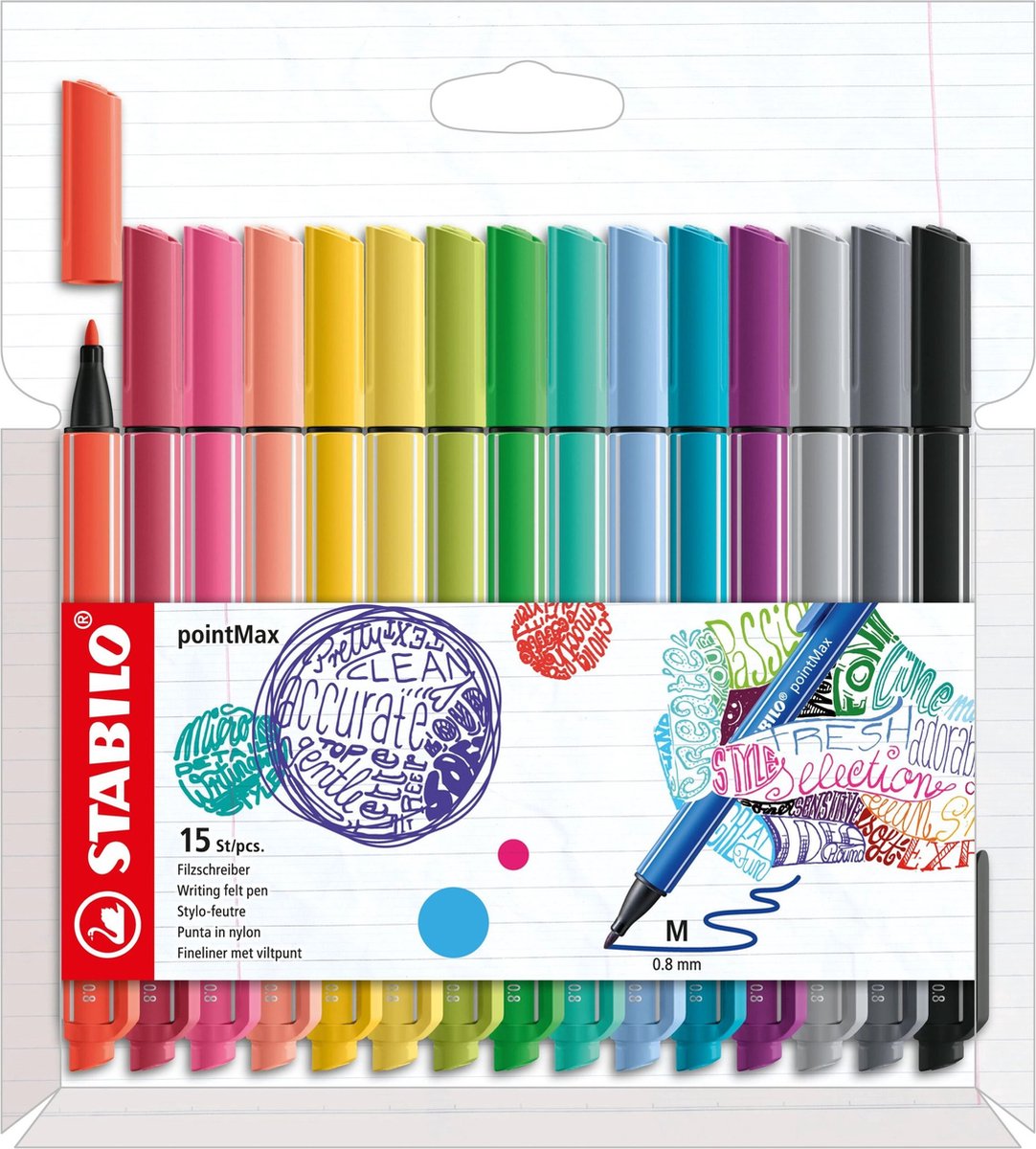 STABILO pointmax - hardtip fineliner 0,8 mm - nylon punt - etui met 15 kleuren