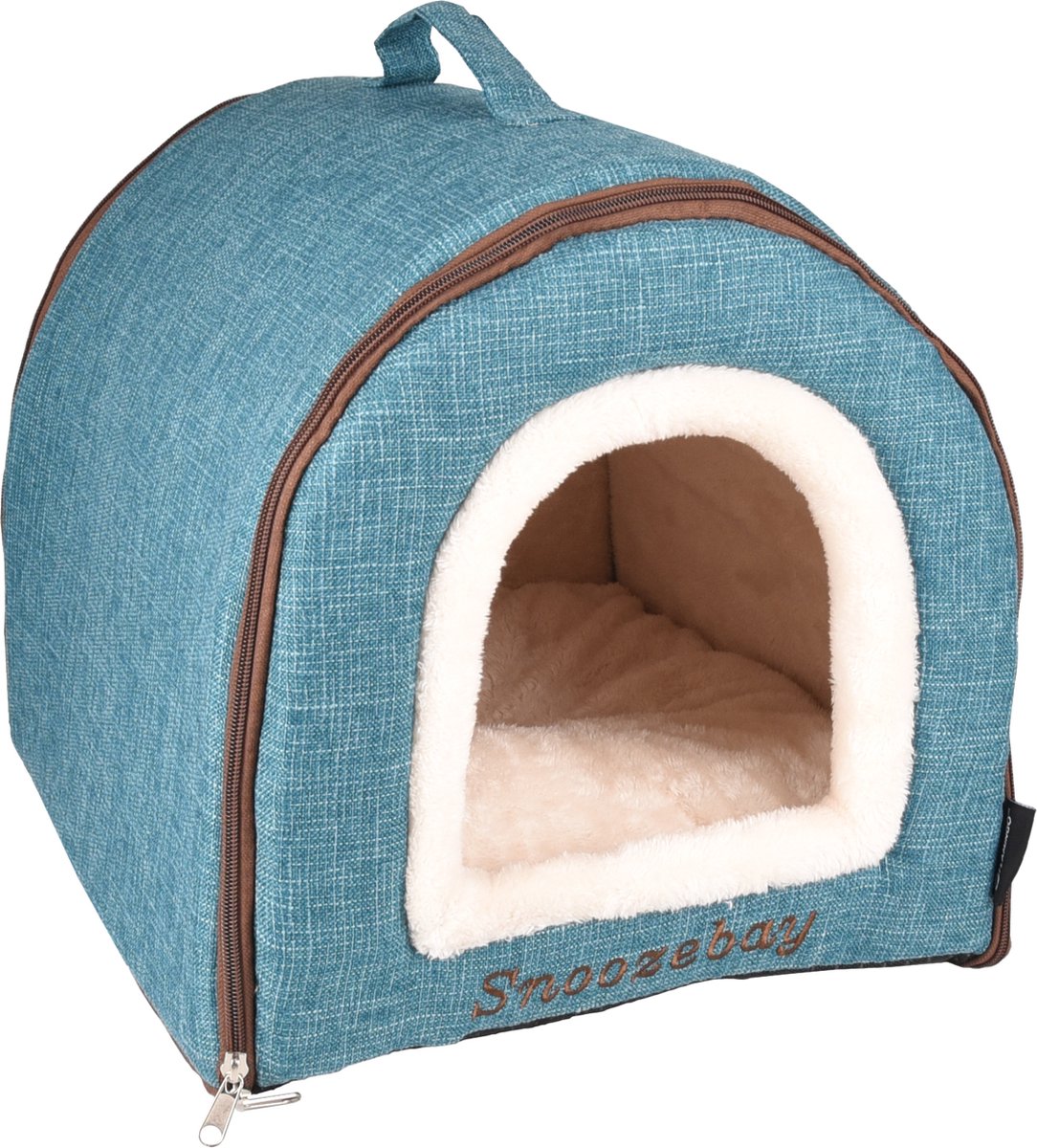 Flamingo Kattenbed – katten slaapmand – kattenhuis – kattenhol – cat cave – blauw crème bruin, 45 x 35 x 35 cm – slaapplaats snoozebay