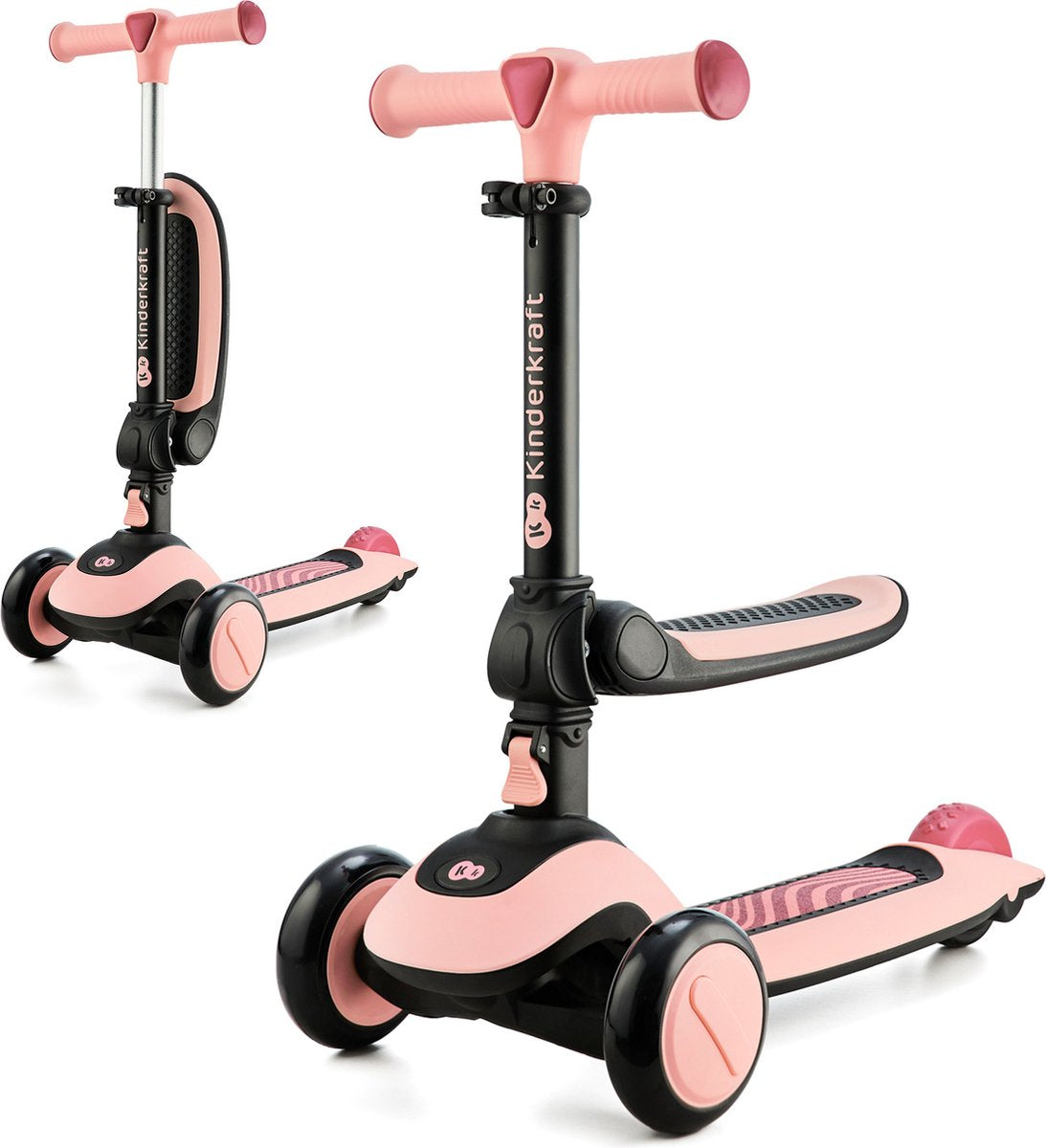 KinderKraft halley 2-in-1 loopfiets en driewieler step – verstelbaar zadel stuur – led wielen – opvouwbaar – 1-5 jaar – max. 50 kg – roze