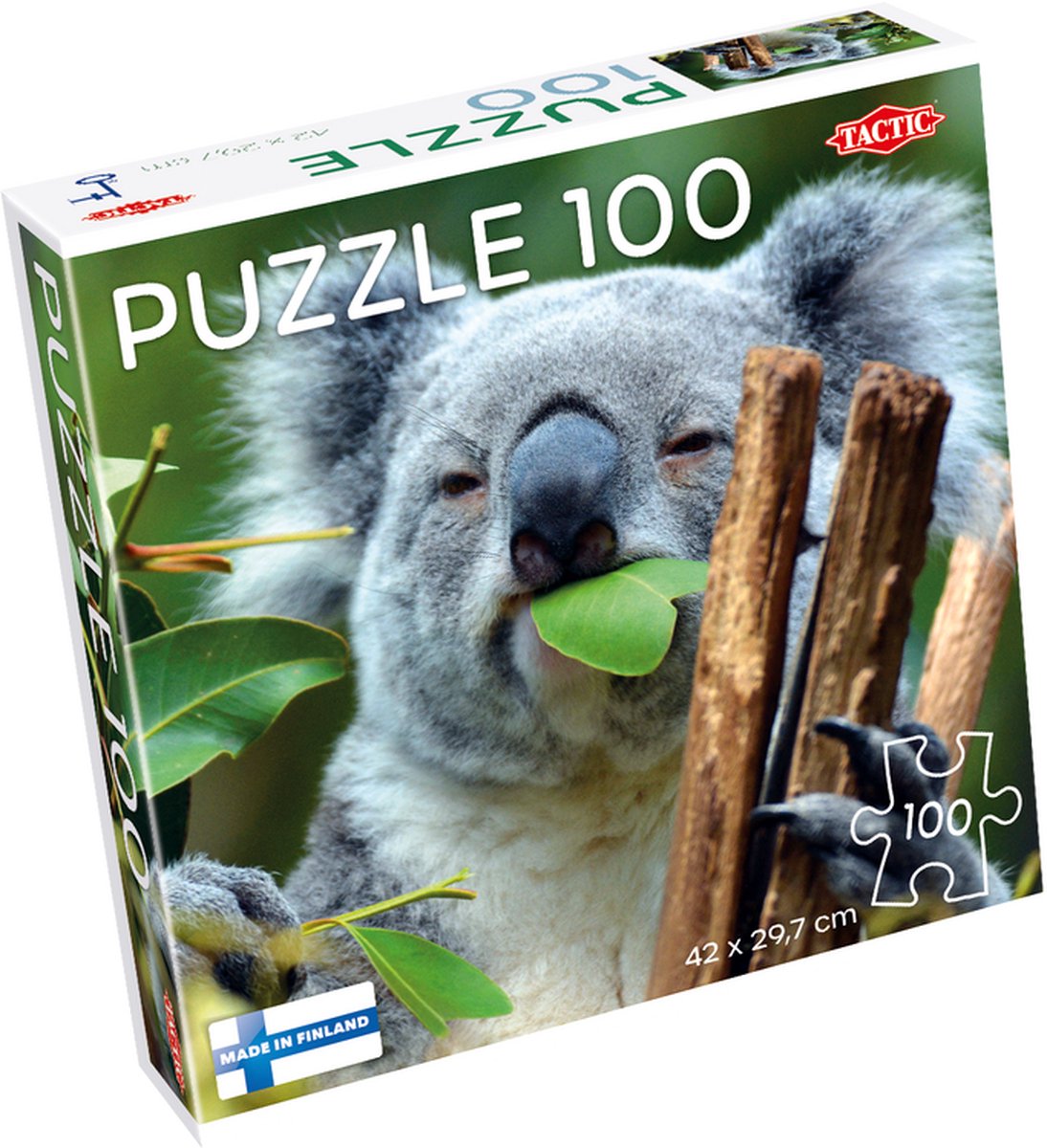 Tactic koala at lone pine – puzzel – 100 stukjes – schattig dierenportret uit australië – strak en rustgevend ontwerp – hoogwaardige scandinavische kwaliteit