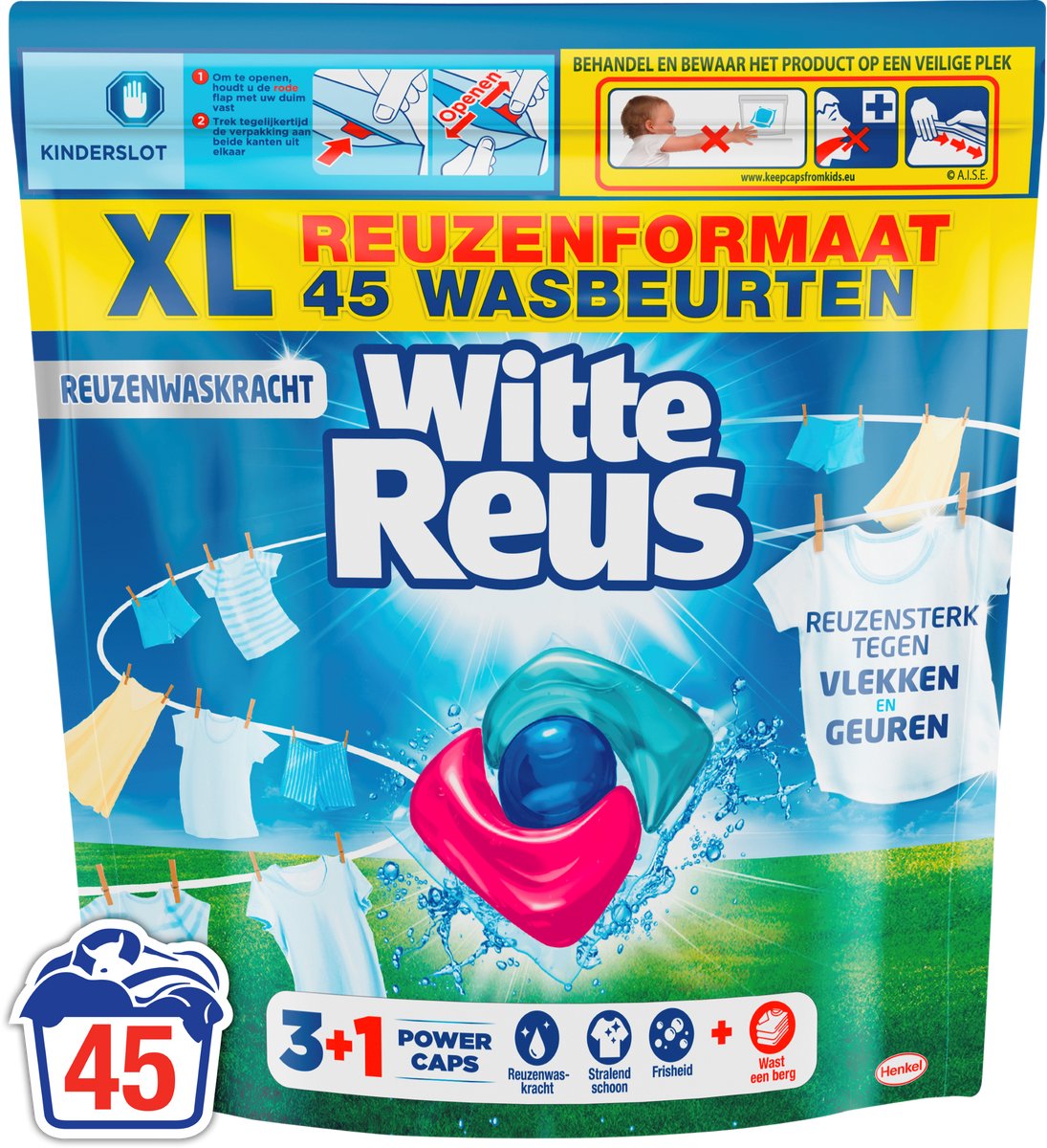 Witte Reus 3+1 power caps - wascapsules wasmiddel - witte was - 45 wasbeurten