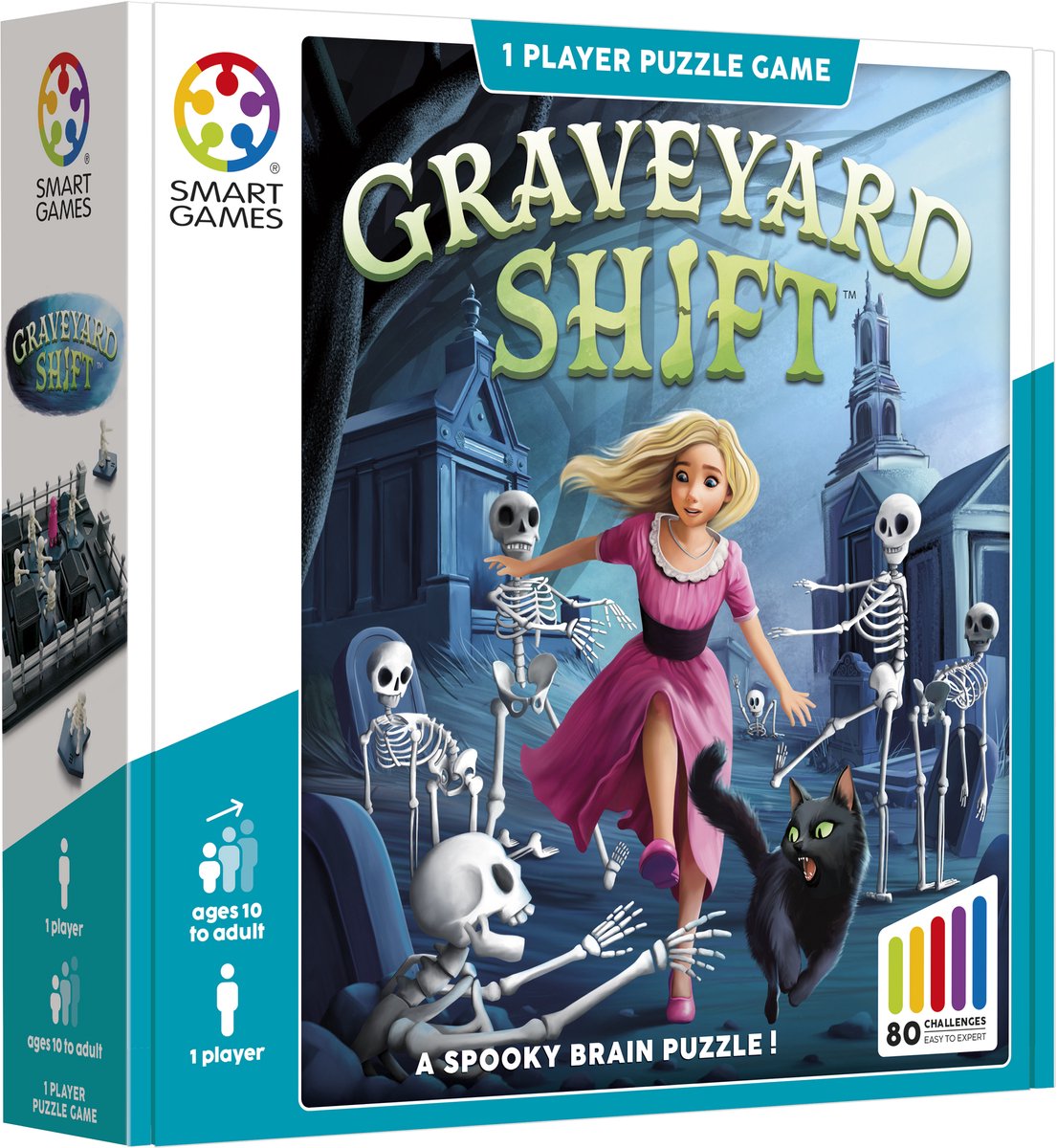 SmartGames graveyard shift - logisch denkspel - 80 griezelig leuke uitdagingen - gotische schuifpuzzel solospel - vanaf 10 jaar