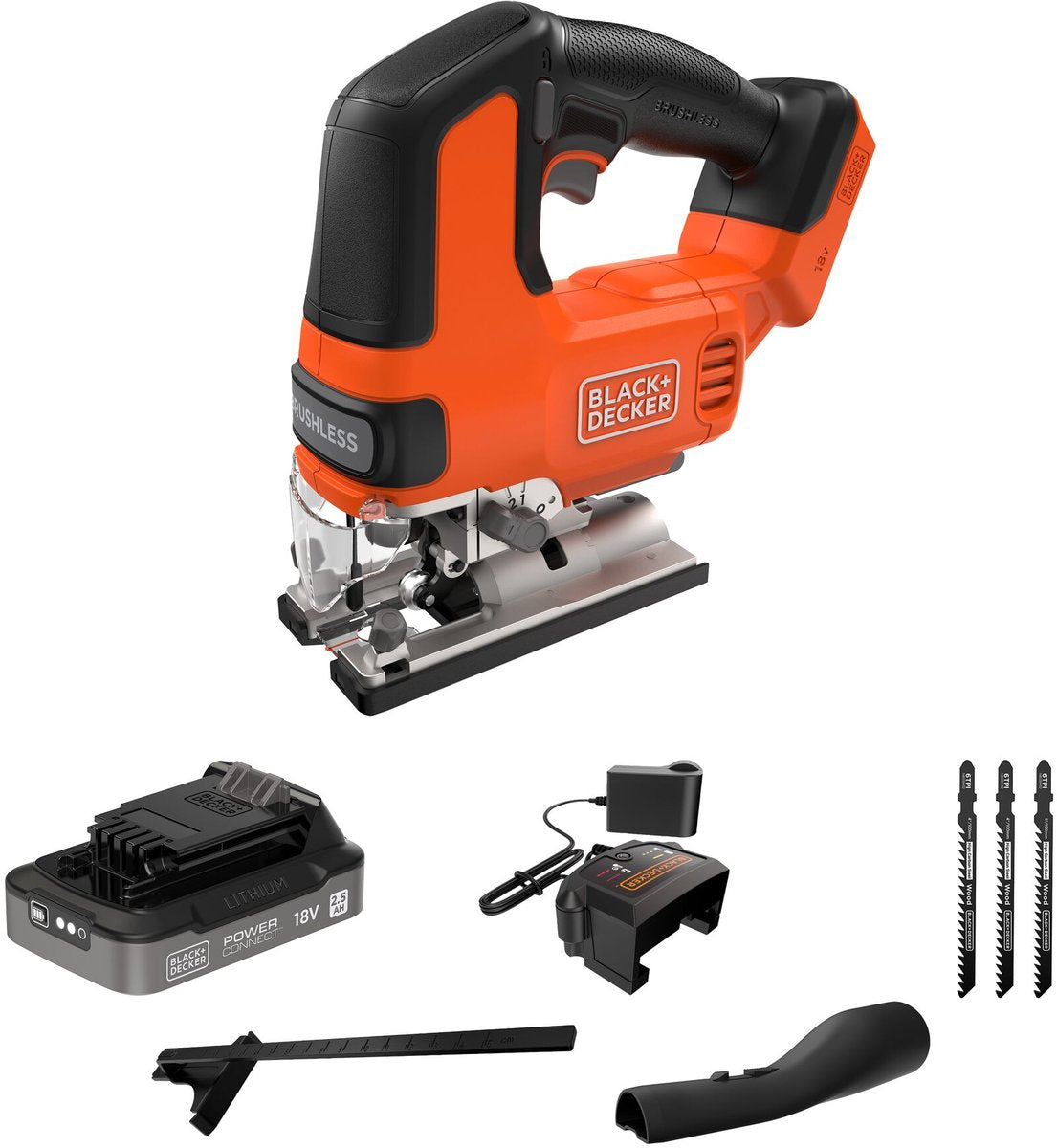 BLACK+DECKER 18v brushless decoupeerzaag met 3 zaagbladen (met 2.5ah accu en lader) - blcjs78e1-qw