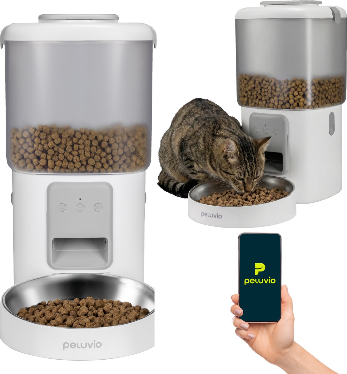 PELUVIO crispy met app - automatische voerbak kat en hond - 4.5l droogvoer 5-15 mm - rvs voederbak - batterij back-up - audio - voerautomaat - voerdispenser