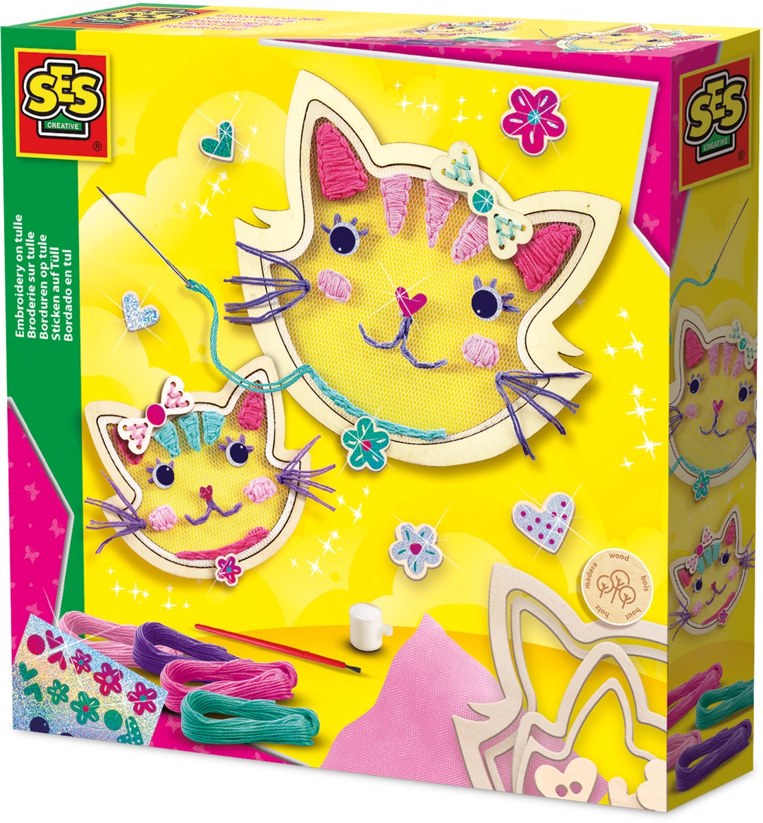 SES Creative - hobby pink - borduren - katten - knutselen meisjes - 4 kleuren - vanaf 6 jaar
