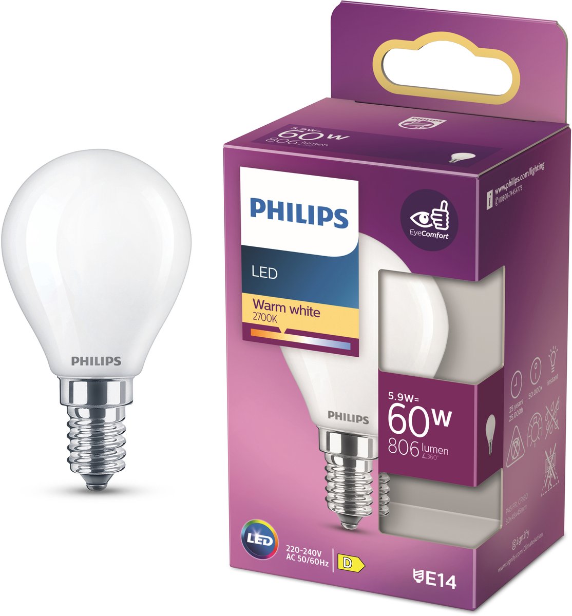 Philips LED lamp - kogellamp met e14 fitting - warmwit licht: 2700k - 60w - mat glas