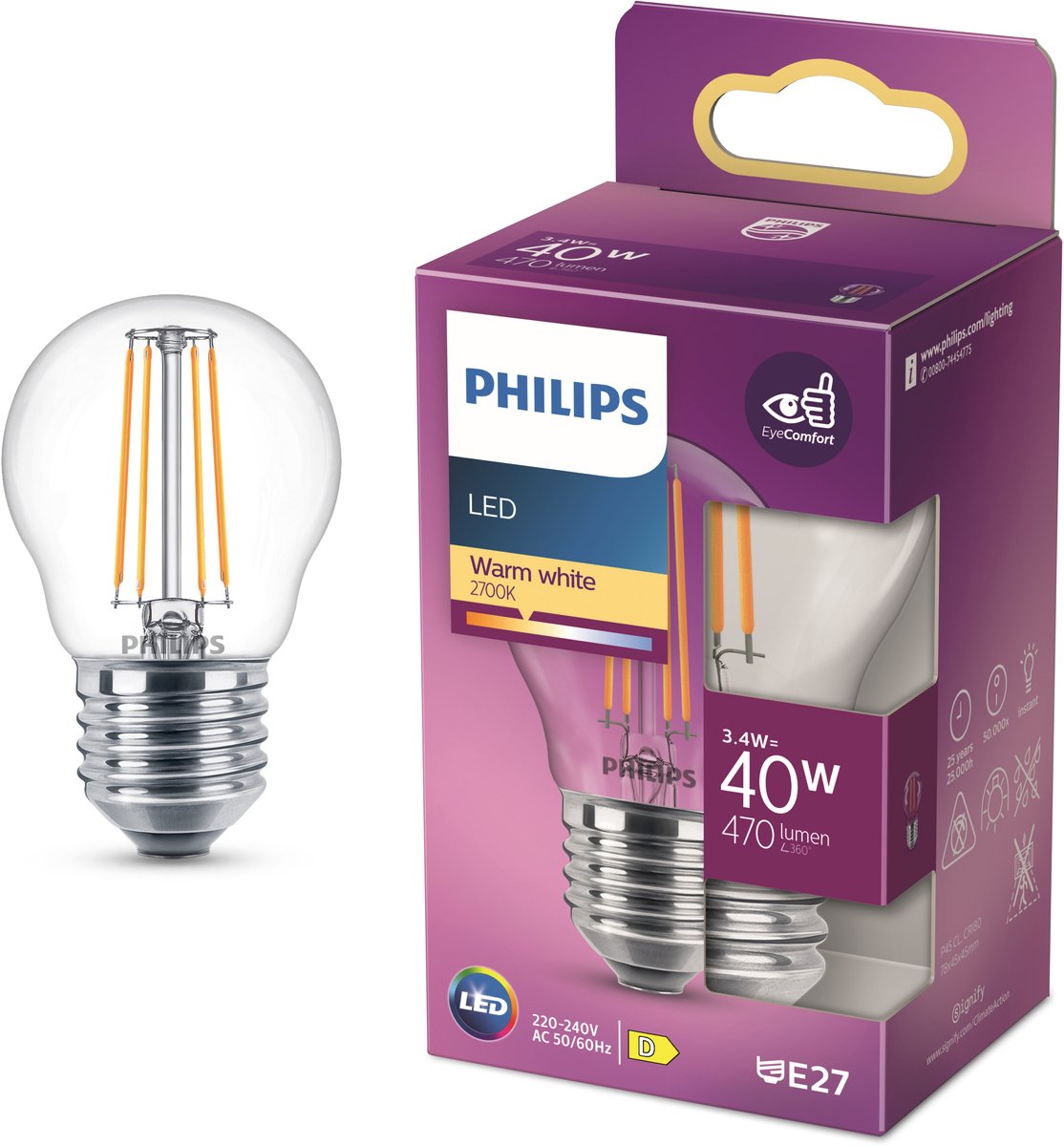 Philips LED lamp - kogellamp met e27 fitting - warmwit licht: 2700k - 40w - helder glas