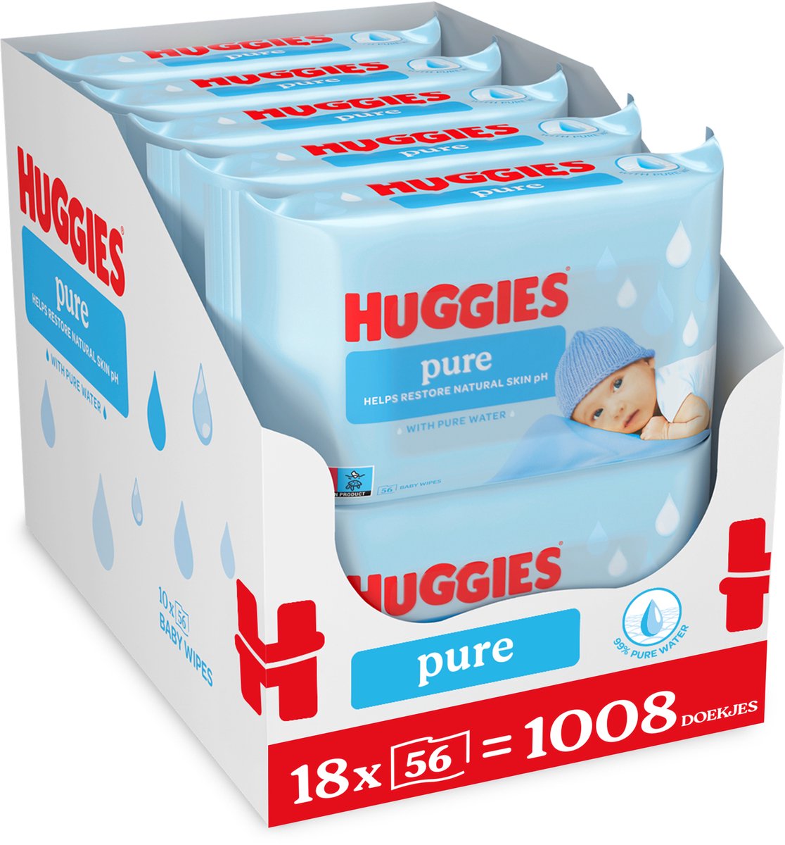 Huggies billendoekjes - pure 99% water - 18 x 56 stuks - 1008 doekjes - voordeelverpakking