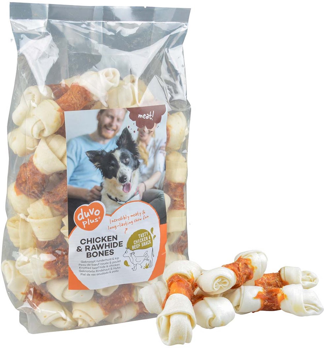 Duvo Plus meat! snack kip runderhuid benen voor honden m-1kg