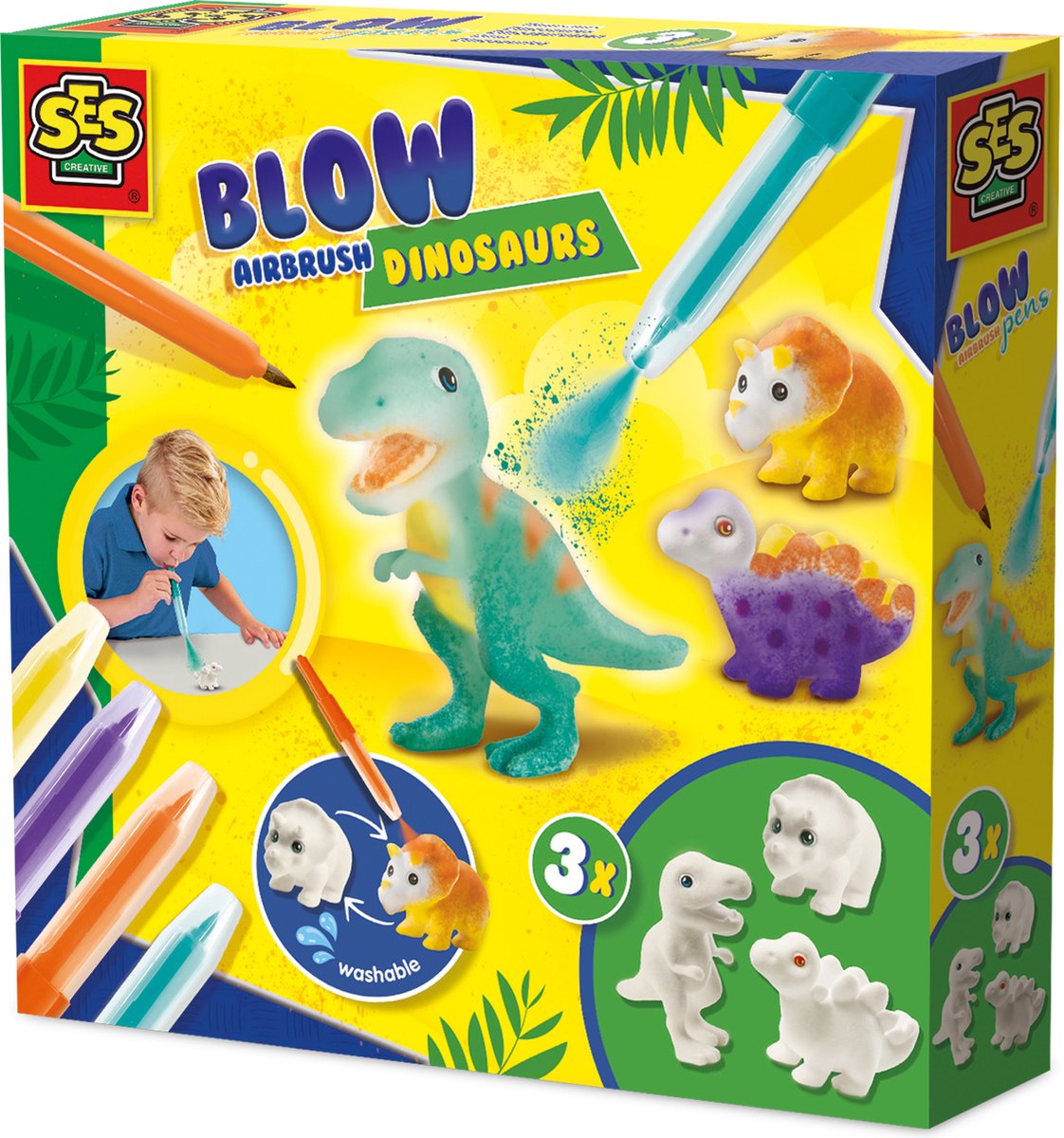 SES Creative 14295 blaasstiften - dinosaurussen - creatieve knutselset voor kinderen vanaf 5 jaar - versier dinosaurussen met blaasstiften - wasbaar en herbruikbaar - perfect voor dinoliefhebbers