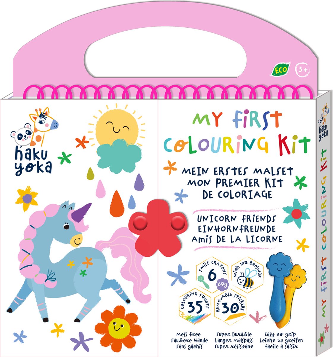 Haku Yoka : mijn eerste kleurkit eenhoornvrienden 20,5x24x2cm, bevat 6 waskrijtjes met lachend gezichtje, 35 kleurvellen en afneembare stickers, bevat 10% bijenwas, 3+