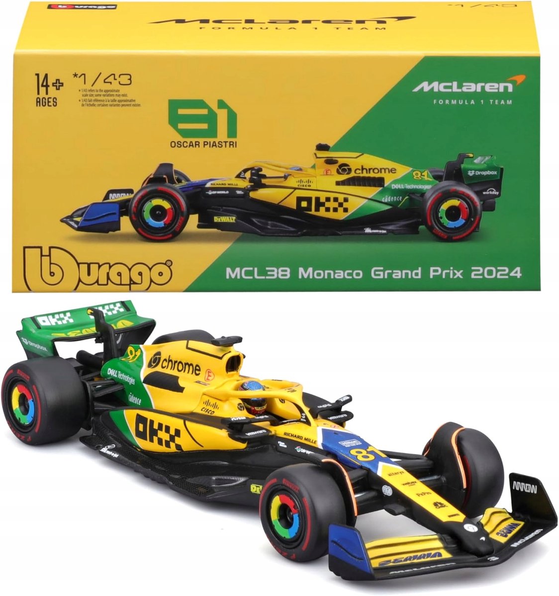 Bburago F1 mclaren mcl38 2024 modelauto met helm norris senna livery speelgoedauto.
