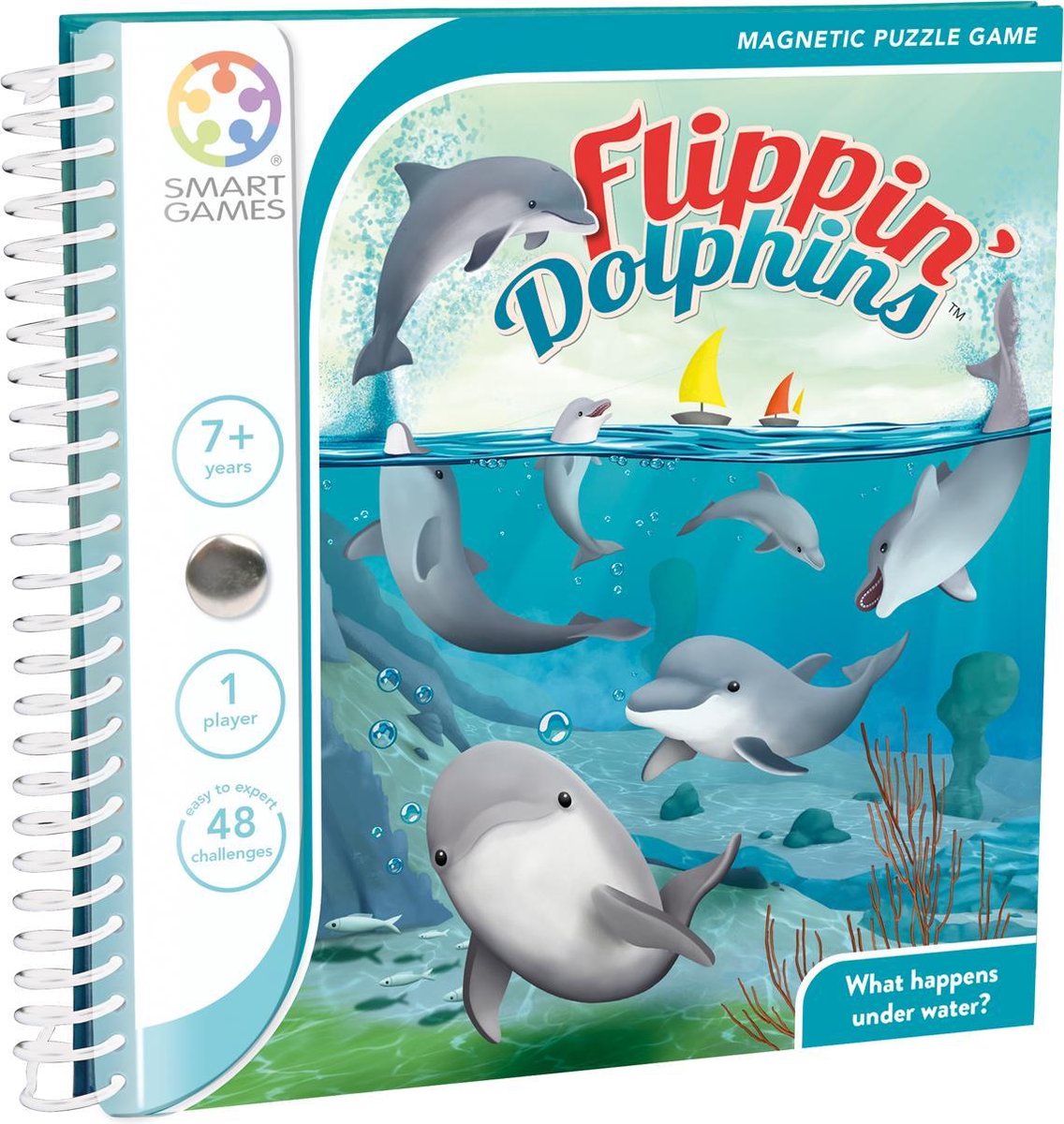 SmartGames flippin' dolphins - magnetisch logisch denkspel - 48 educatieve dolfijne uitdagingen - compact reisspel solospel - vanaf 7 jaar