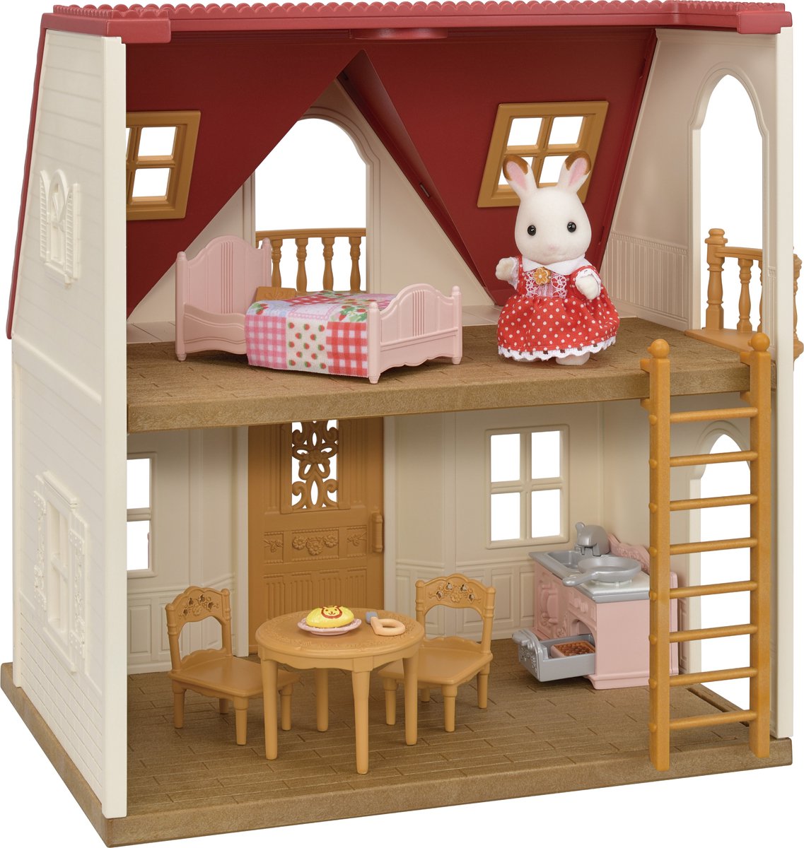 Sylvanian Families 5567 startershuis- inclusief meubeltjes en 1 fluweelzacht chocoladekonijn- te combineren met ander poppenhuis ( 5708) tot een mega groot poppenhuis
