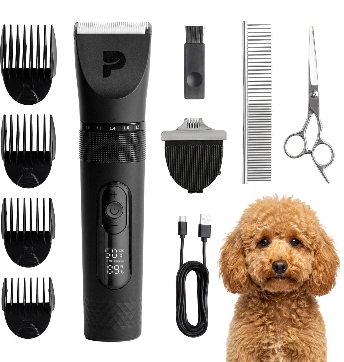 PELUVIO nikos hondentondeuse – professionele draadloze trimmer voor honden – 5 snelheden (5000–7000 rpm) – keramisch-stalen mes – 180 min accu – ipx7 waterdicht – led display – 4 opzetkammen + detailkop – aluminium behuizing – usb-c