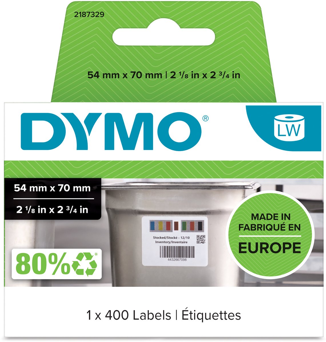 DYMO originele labelwriter labels voor voorraadrotatie | 54 mm x 70 mm | 400 zelfklevende etiketten voor voorraadrotatie in commerciële keukens | stevige labels voor de labelwriter labelprinters