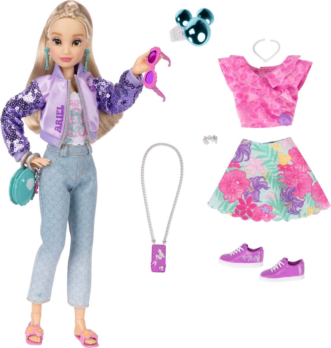Jakks Modepoppen ariël, 25 cm lang, met 13 scharnierpunten, twee complete mix-en-match-outfits en een mickey-ring voor jou!