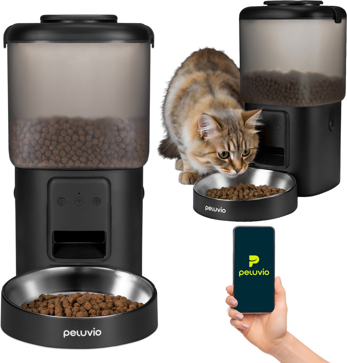 PELUVIO crispy met app - automatische voerbak kat en hond - 4.5l droogvoer 5-15 mm - rvs voederbak - batterij back-up - audio - voerautomaat - voerdispenser
