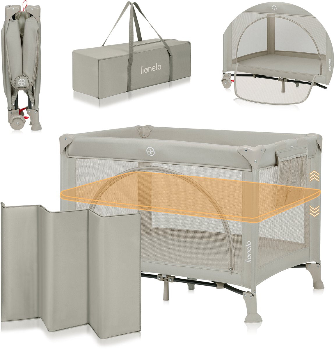 Lionelo laura - compact 3 in 1 campingbedje, box babybed - lichtgewicht - 2 hoogtes - wielen met rem - gaas zijpanelen peuter ingang - inclusief draagtas opbergzak - reisbedje