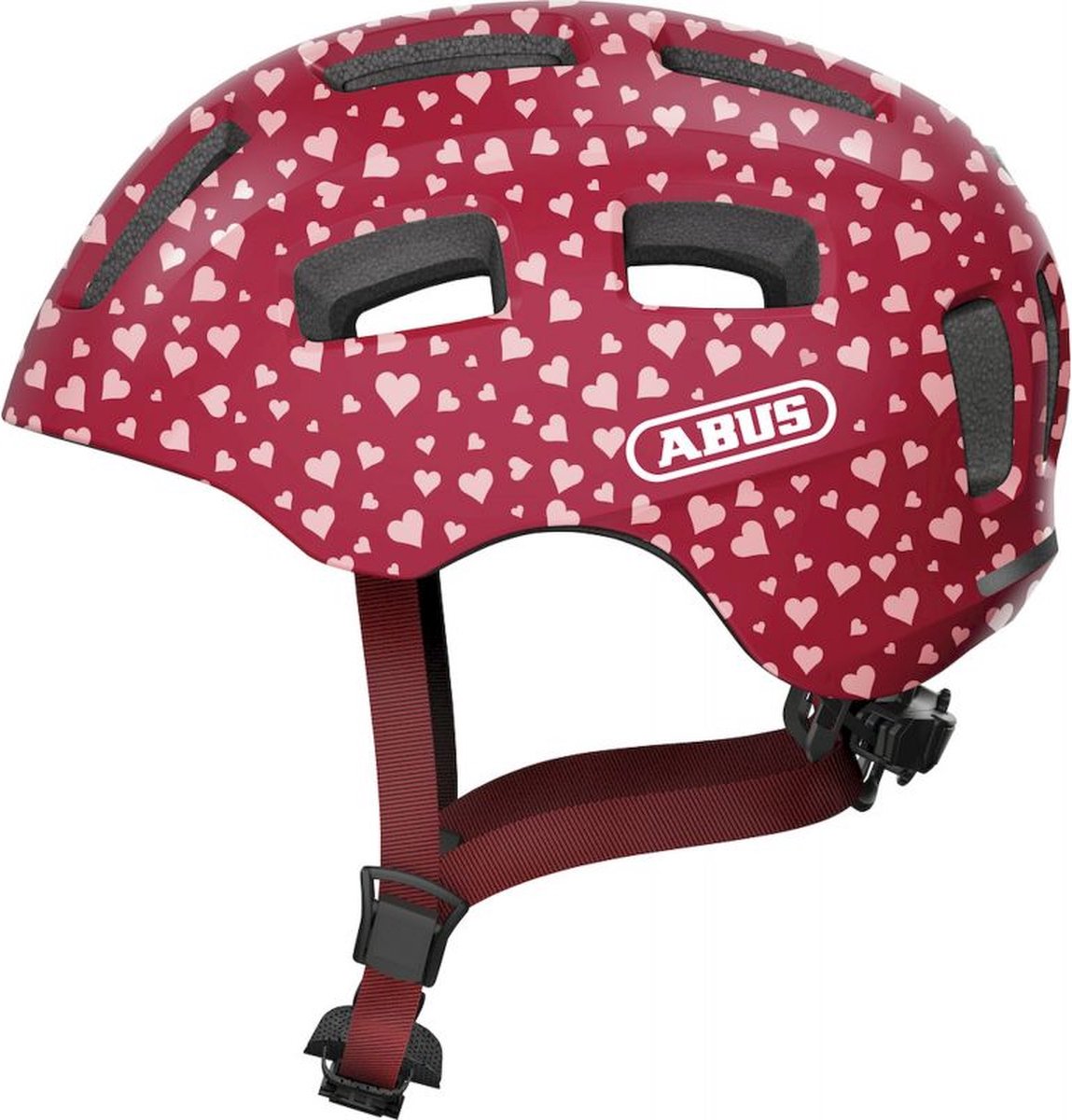 ABUS fietshelm youn-i 2.0 - met licht voor kinderen, tieners en jongvolwassenen - voor meisjes en jongens - rood met hartjespatroon, maat m
