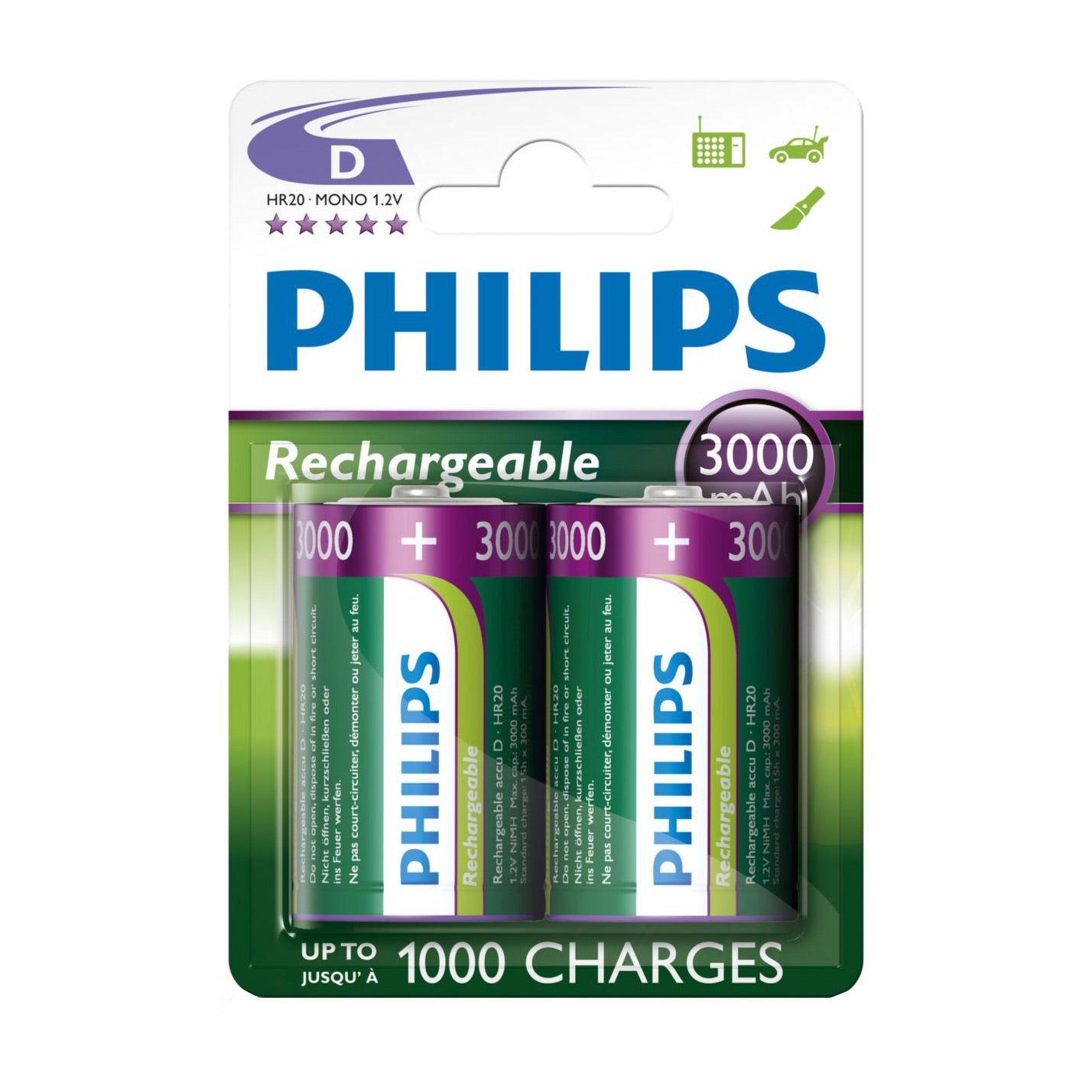 Battery Sales Europe Oplaadbare batterijen philips rechargeable nimh d hr20 3000mah, 2st.