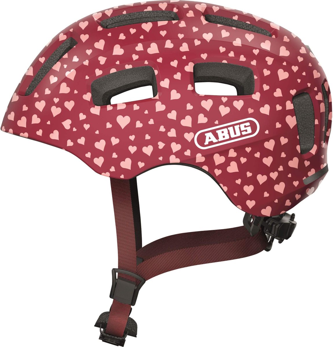 ABUS fietshelm youn-i 2.0 - met licht voor kinderen, tieners en jongvolwassenen - voor meisjes en jongens - rood met hartjespatroon, maat s